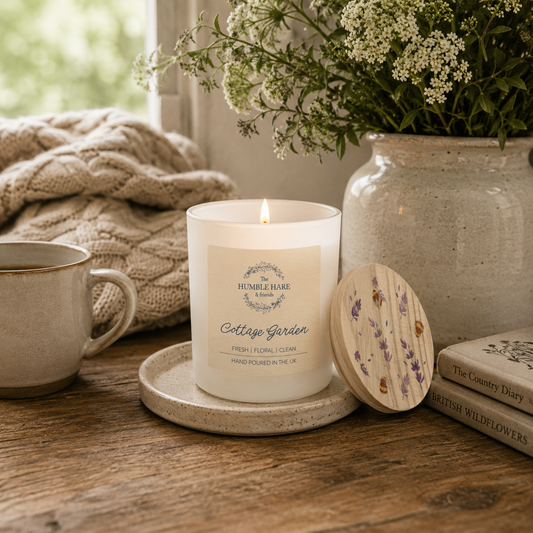 A lit white candle in a frosted glass jar sits on a small stone coaster on a rustic wooden table, with a wooden lid featuring lavender and bees propped up against it. It's styled with a ceramic mug, a wooden coaster with lavender flowers, books, and a large vase of white flowers in the background.