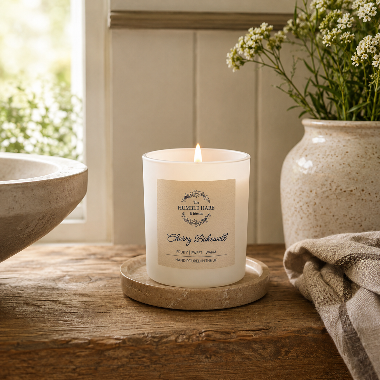 A lit white Cherry Bakewell scented candle in a white glass jar sits on a round stone coaster on a rustic wooden table. 