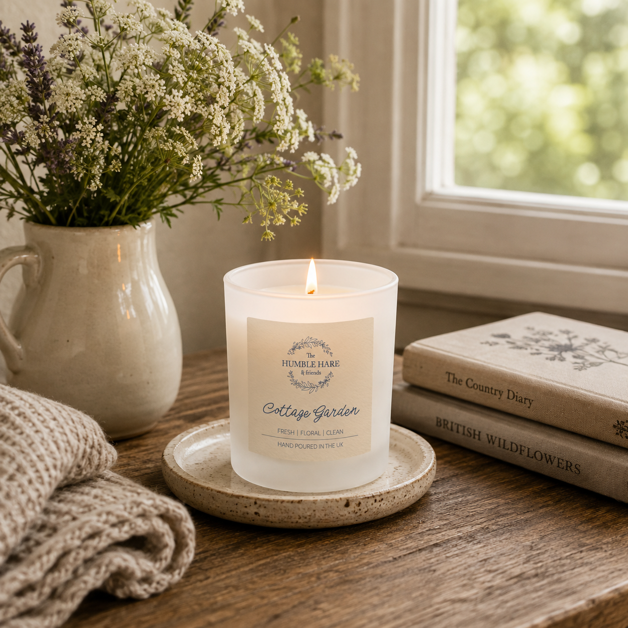 A lit white glass candle on a small round tray sits on a wooden table beside a ceramic pitcher of flowers, a folded knit blanket, and two stacked books near a window. The candle label shows that the scent is Cottage Garden, a clean fresh linen and floral scent.