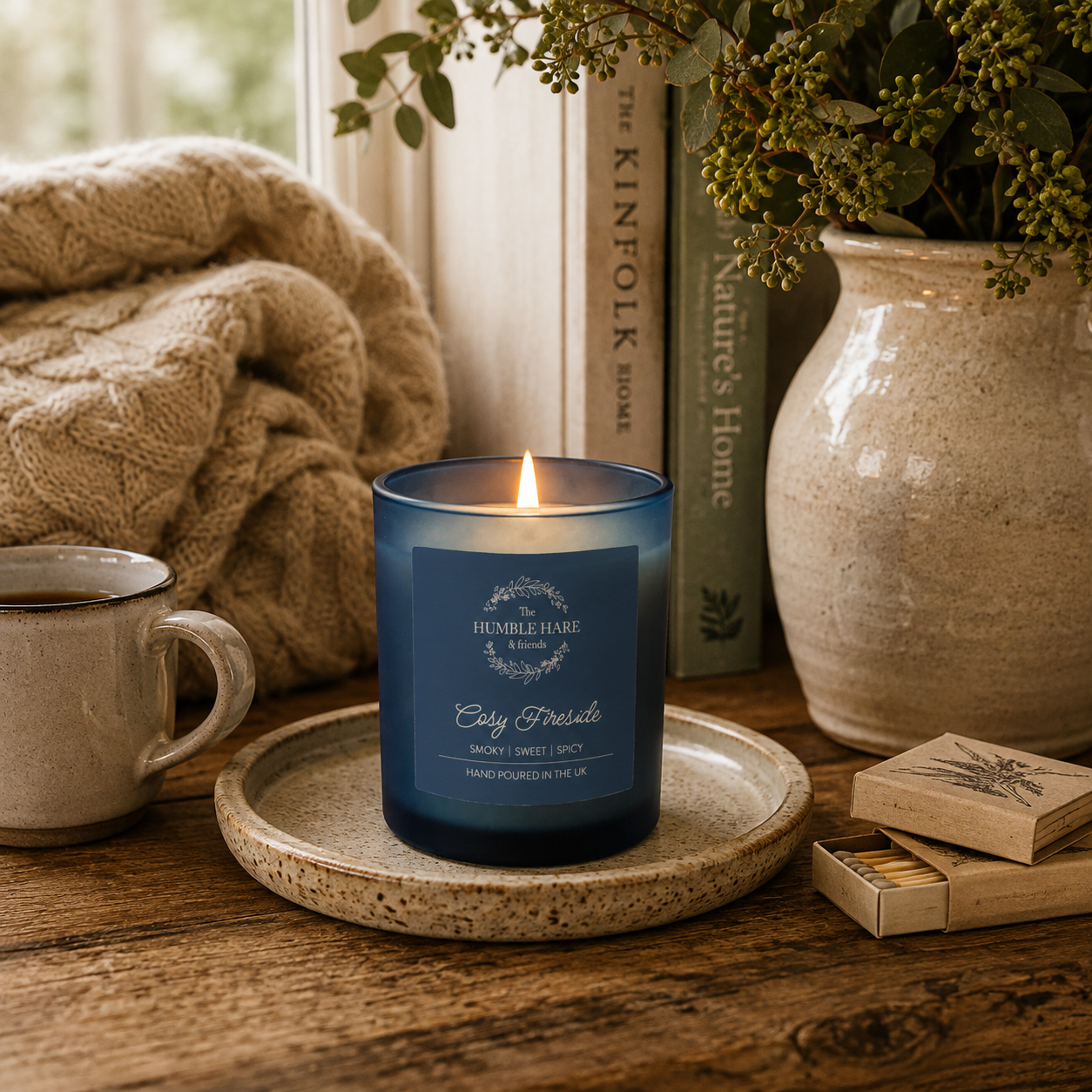 A blue glass jar candle with a lit flame sits on a small round tray on a wooden table, styled with a mug, books, a knitted blanket, and a ceramic vase in a cozy indoor setting.