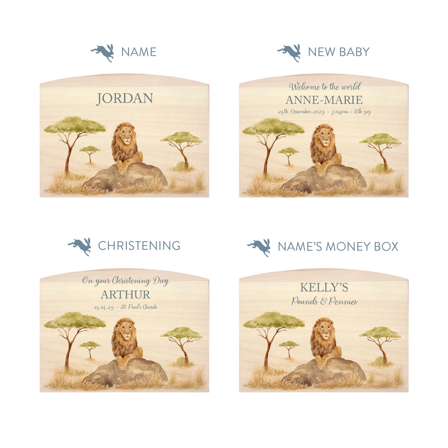 personalised wooden baby money box with baby animal design in nursery