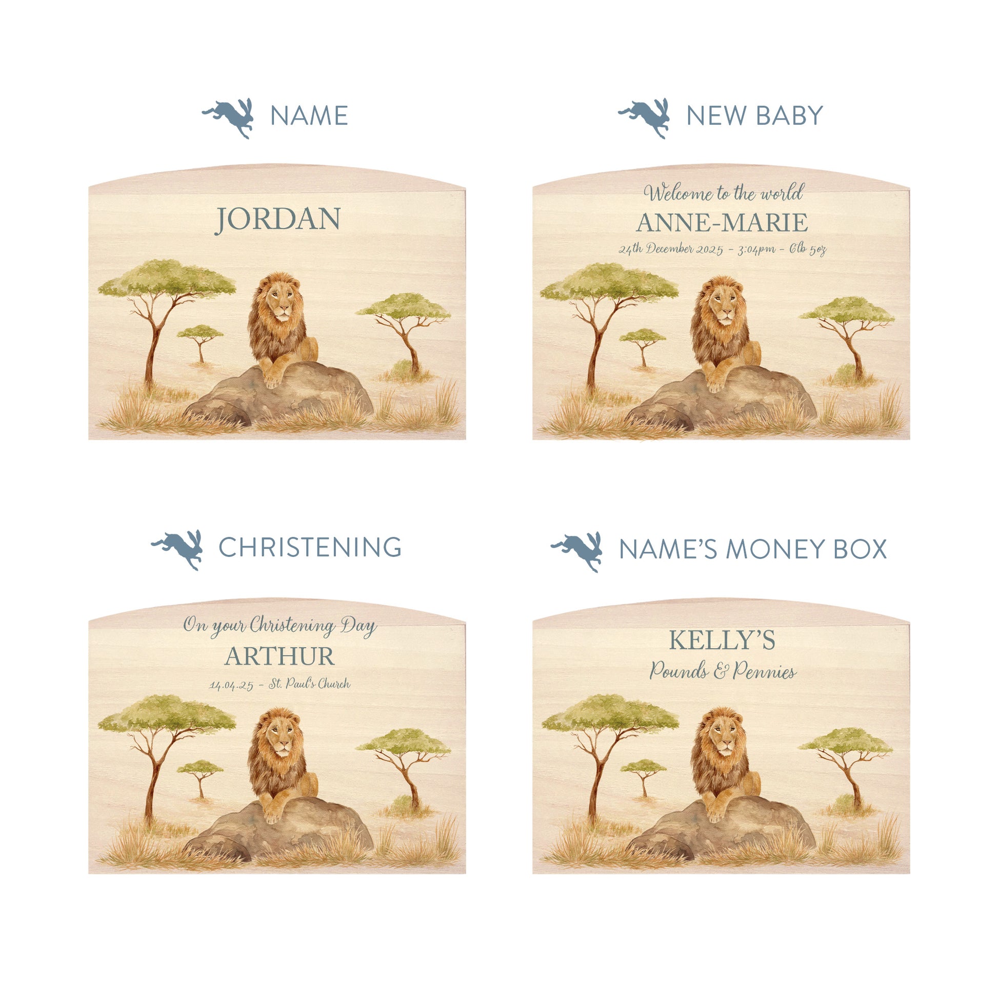 personalised wooden baby money box with baby animal design in nursery