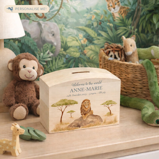 personalised wooden baby money box with baby animal design in nursery