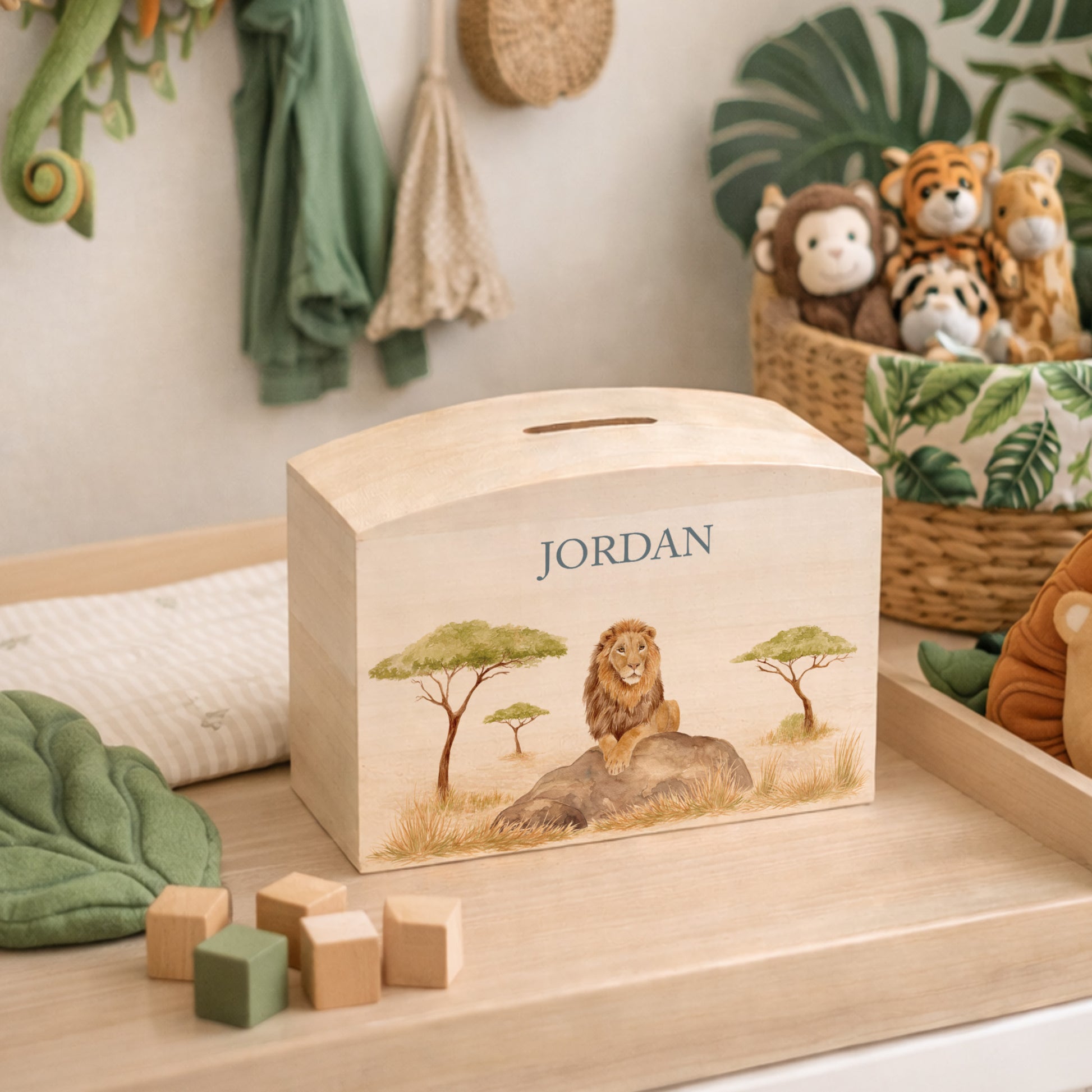 personalised wooden baby money box with baby animal design in nursery