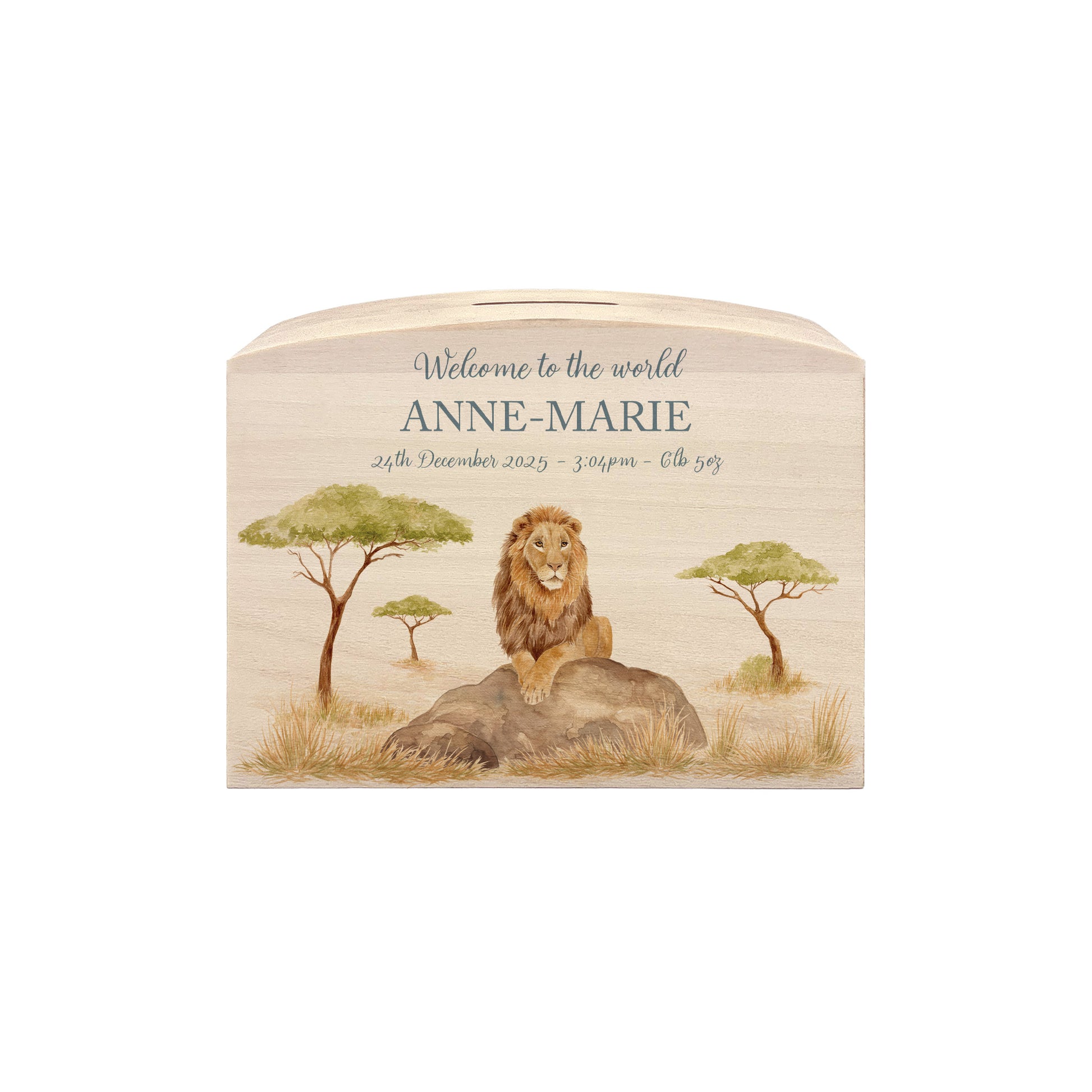 personalised wooden baby money box with baby animal design in nursery