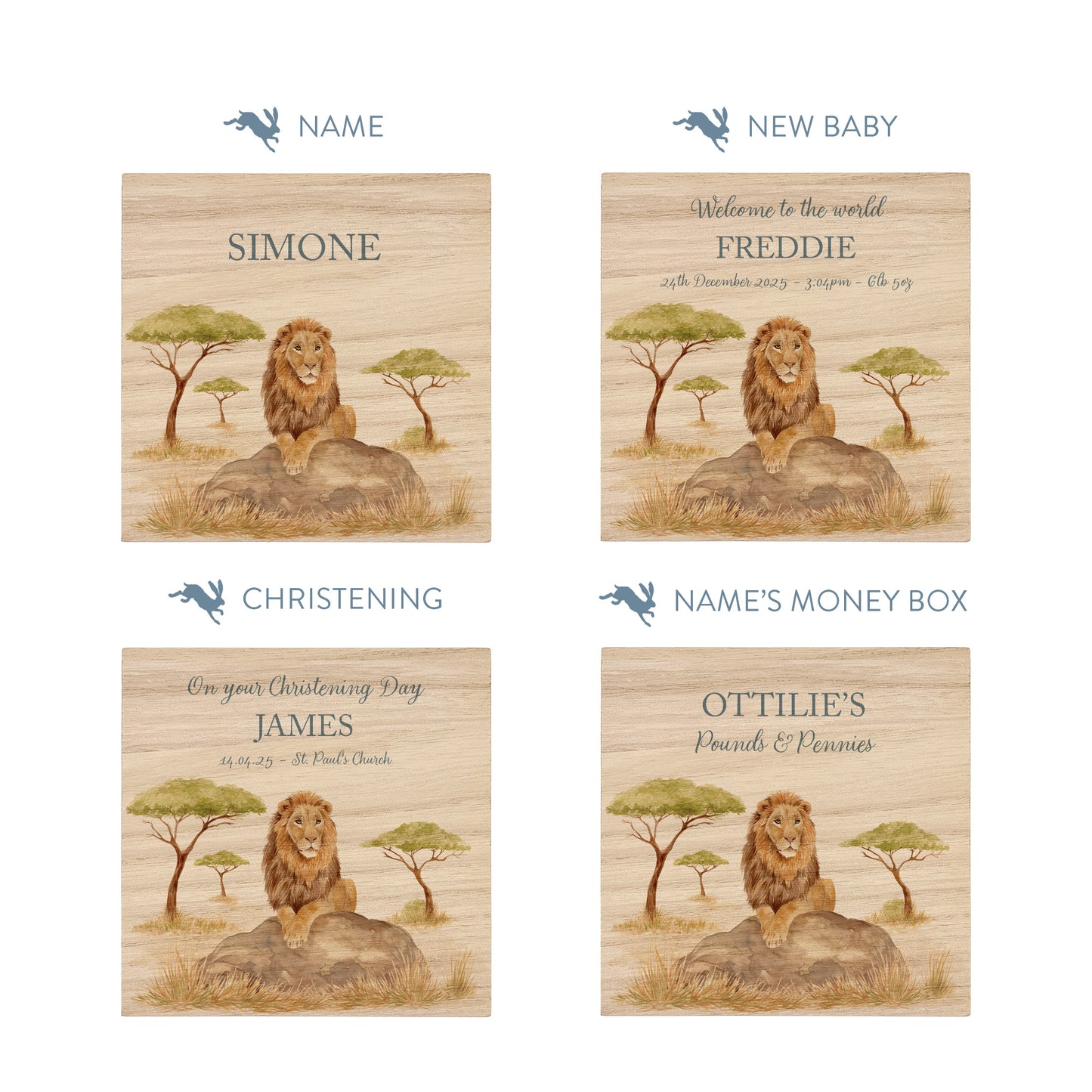 handmade wooden baby money box with watercolour animals in a nursery setting, This design features a majestic Lion sat on a rock in the Savannah. 