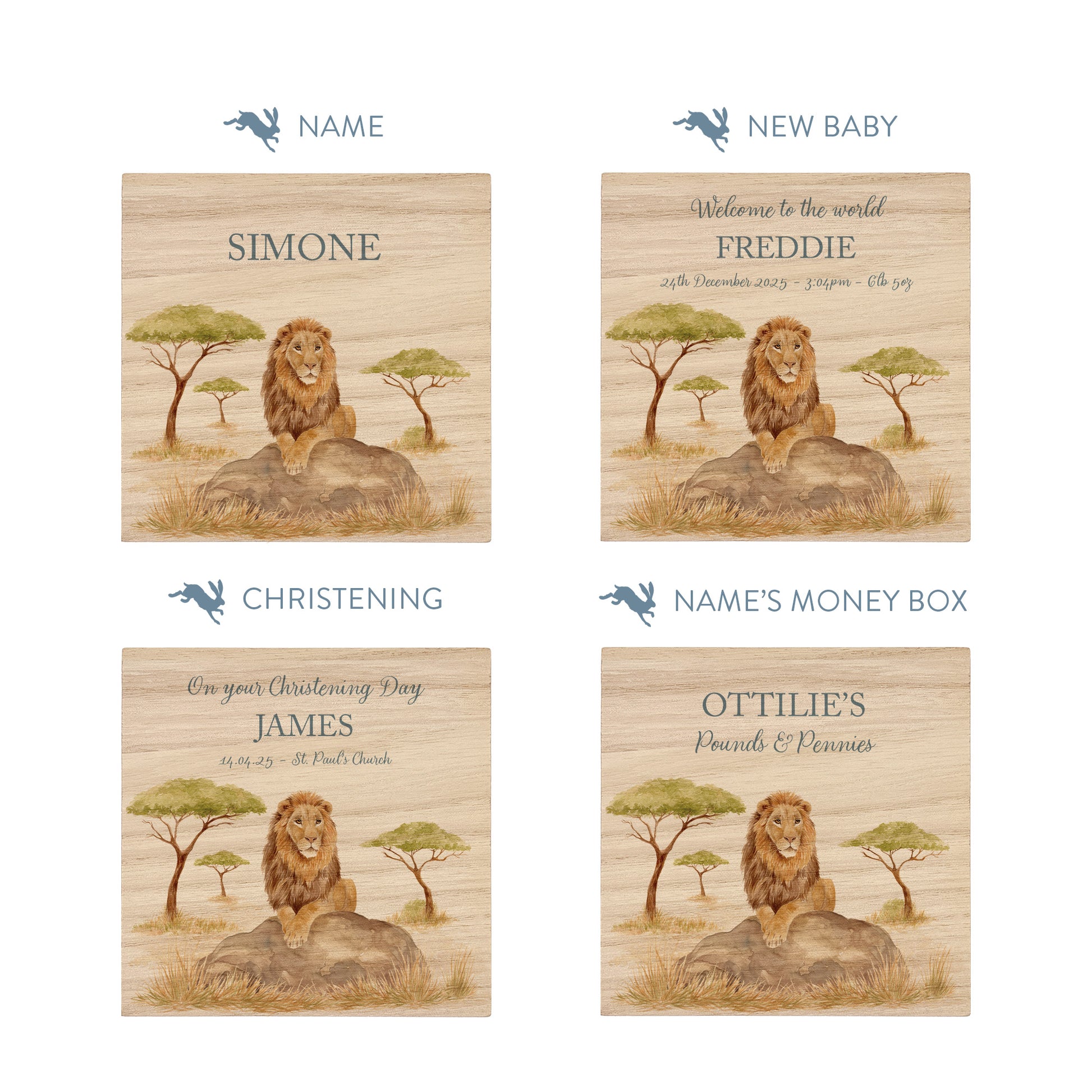 handmade wooden baby money box with watercolour animals in a nursery setting, This design features a majestic Lion sat on a rock in the Savannah. 