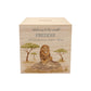 handmade wooden baby money box with watercolour animals in a nursery setting, This design features a majestic Lion sat on a rock in the Savannah. 