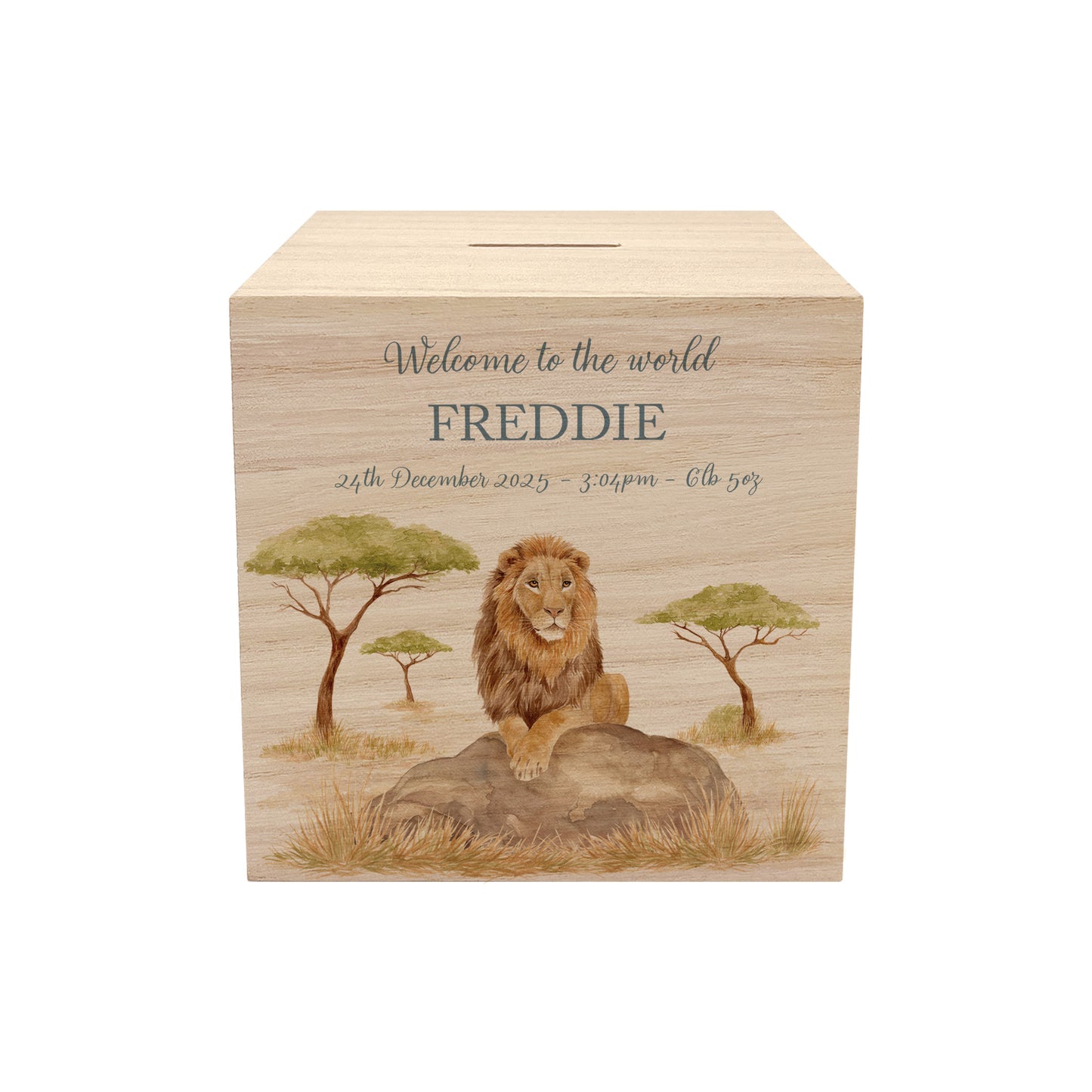 handmade wooden baby money box with watercolour animals in a nursery setting, This design features a majestic Lion sat on a rock in the Savannah. 