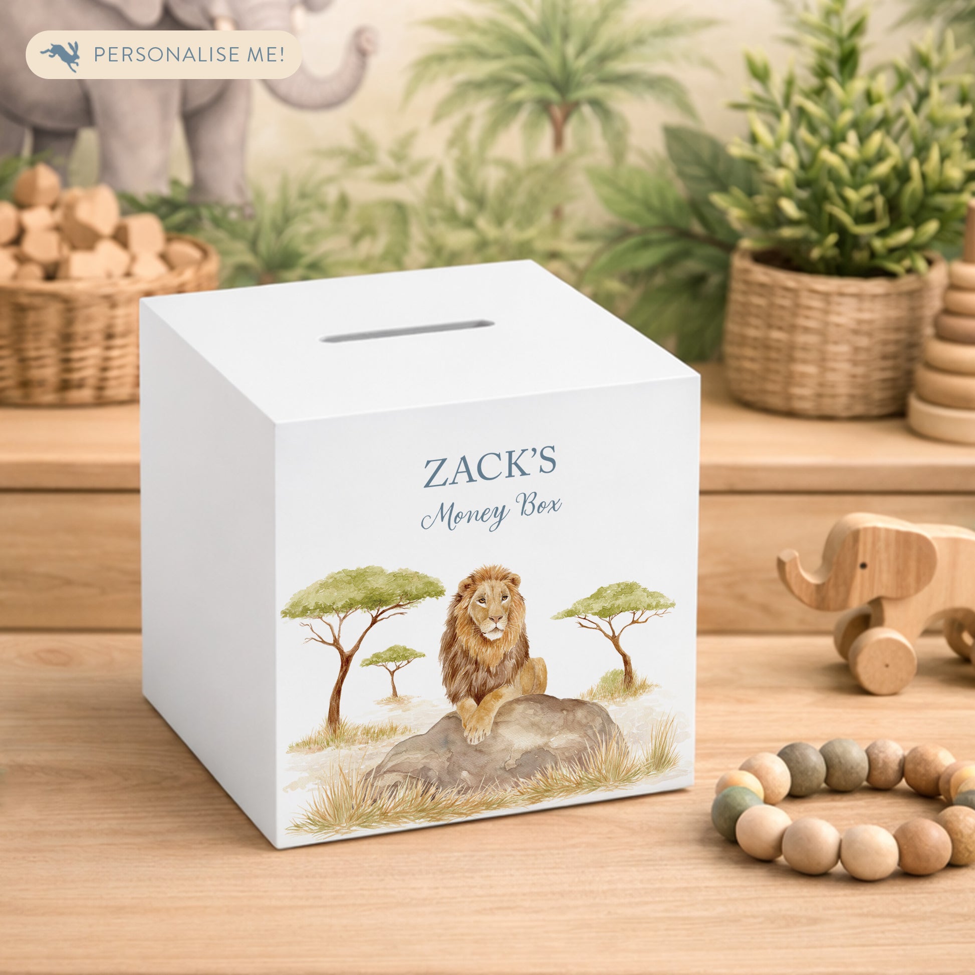 personalised handmade money box for birthday gift in childrens bedroom Lion sitting majestically on a rock