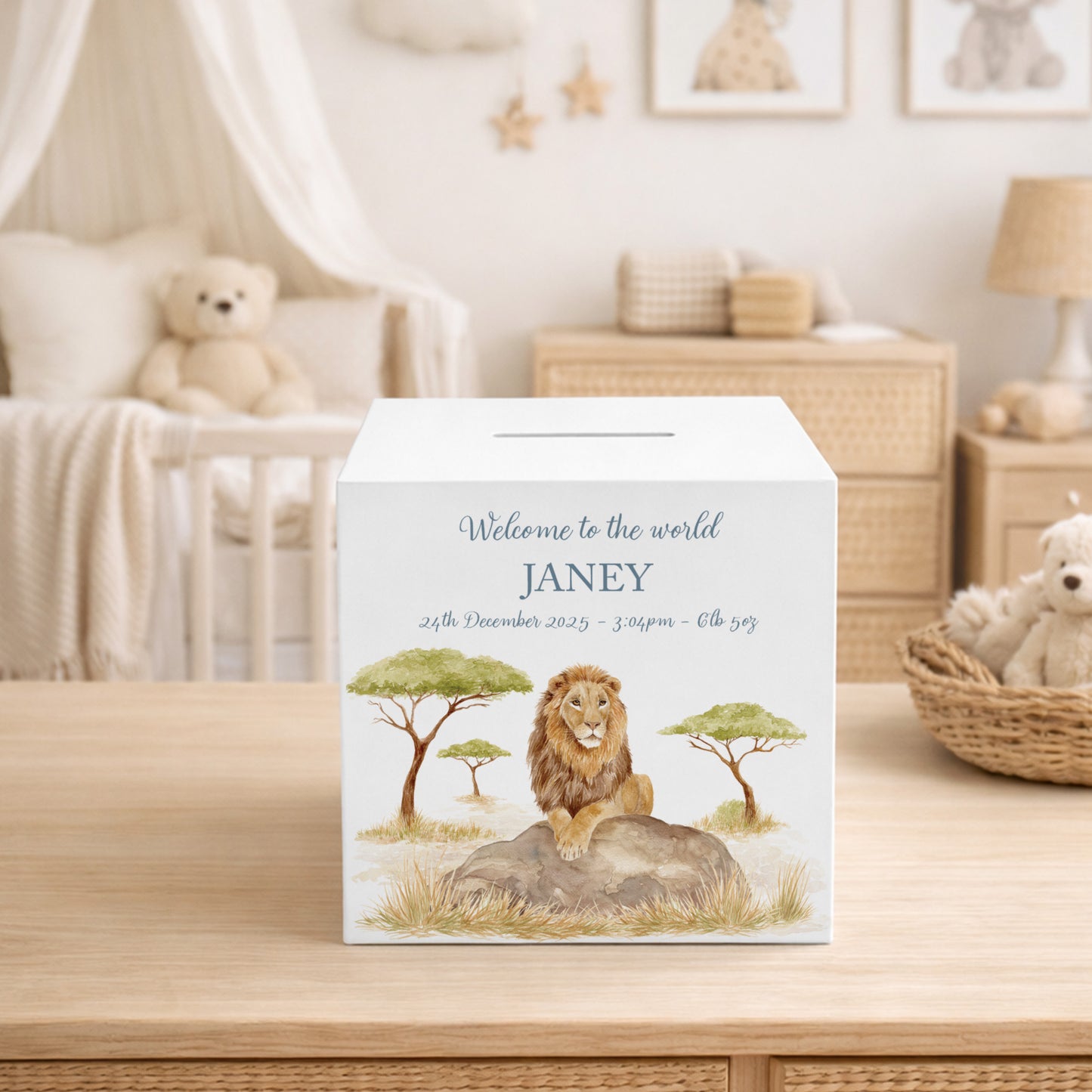 personalised handmade money box for birthday gift in childrens bedroom Lion sitting majestically on a rock