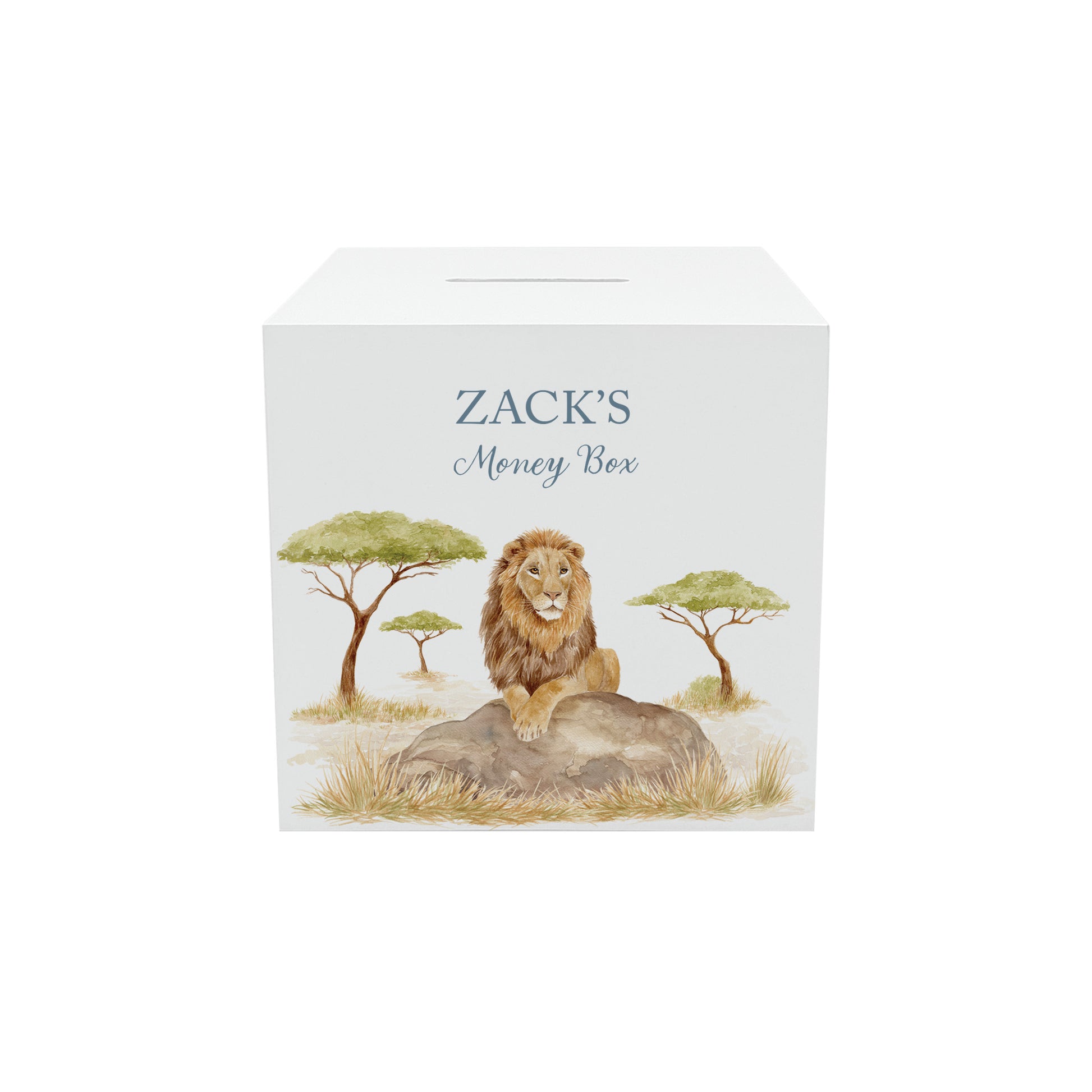 personalised handmade money box for birthday gift in childrens bedroom Lion sitting majestically on a rock