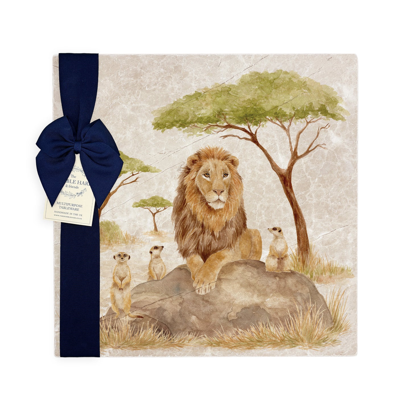 The Savannah Collectors set is perfect for the safari lover, featuring beautiful watercolour designs on our much loved marble platters and coasters. You can find Meerkats and Lion on this large platter
