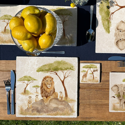 The Savannah Collectors set is perfect for the safari lover, featuring beautiful watercolour designs on our much loved marble platters and coasters. You can find a Lion and Meerkats on this Large Platter 