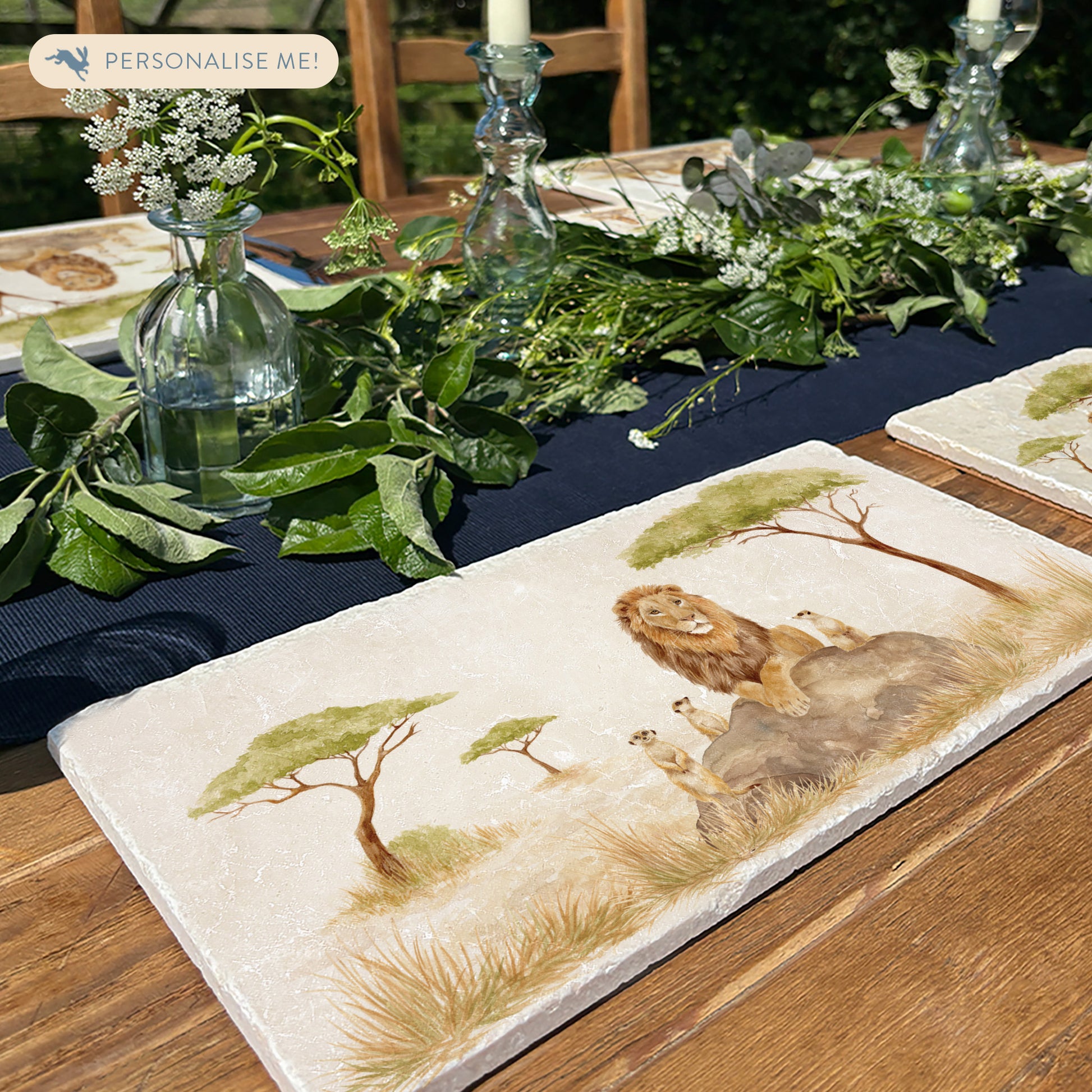The Savannah Collectors set is perfect for the safari lover, featuring beautiful watercolour designs on our much loved marble platters and coasters. You can find a Lion and Meerkats on this sharing platter 
