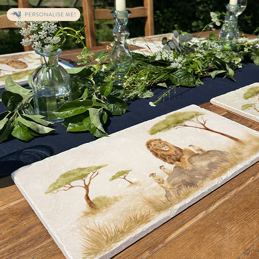 The Savannah Collectors set is perfect for the safari lover, featuring beautiful watercolour designs on our much loved marble platters and coasters. You can find a Lion and Meerkats on this sharing platter 