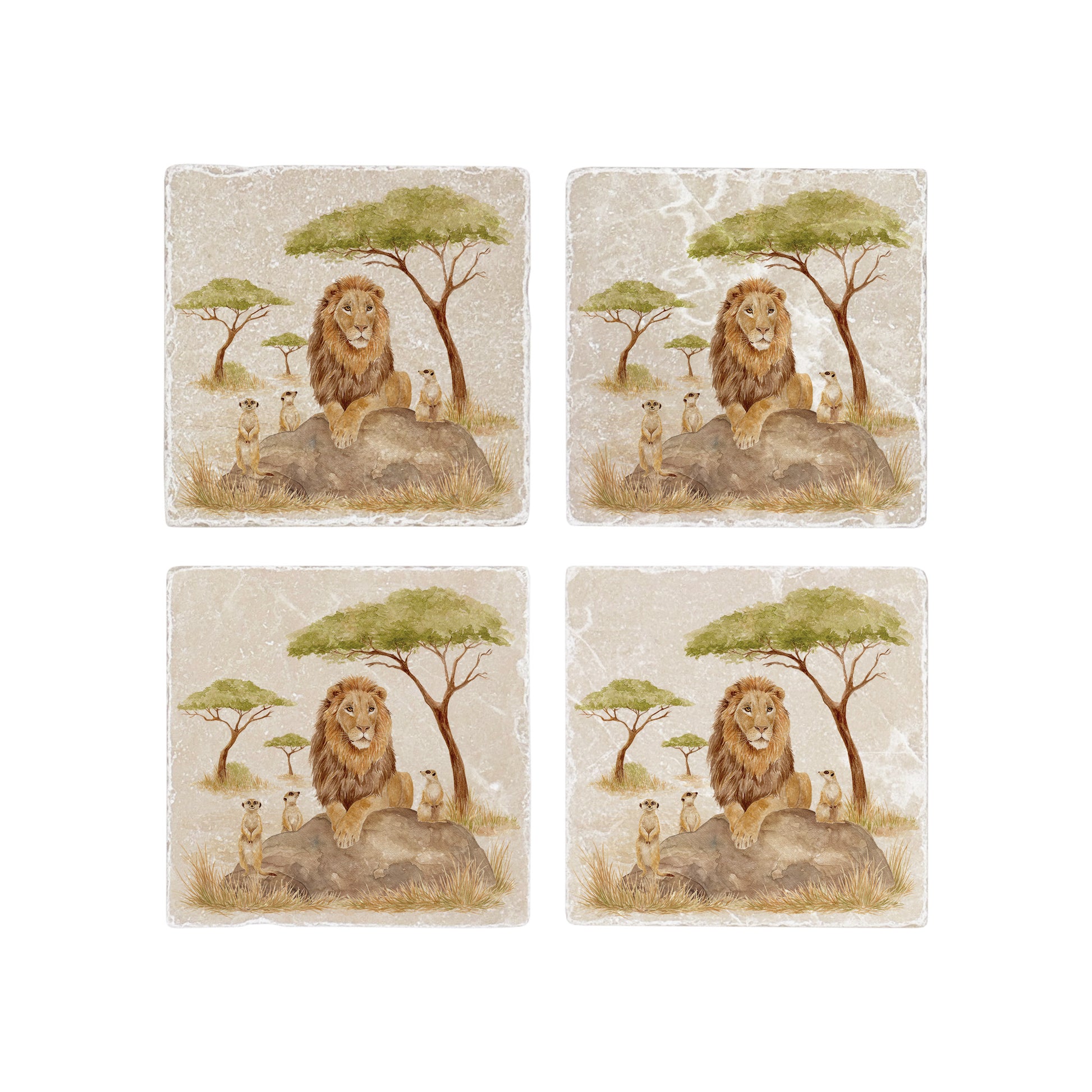 The Savannah Collectors set is perfect for the safari lover, featuring beautiful watercolour designs on our much loved marble platters and coasters. You can find a Lion and Meerkats on this set of 4 coasters