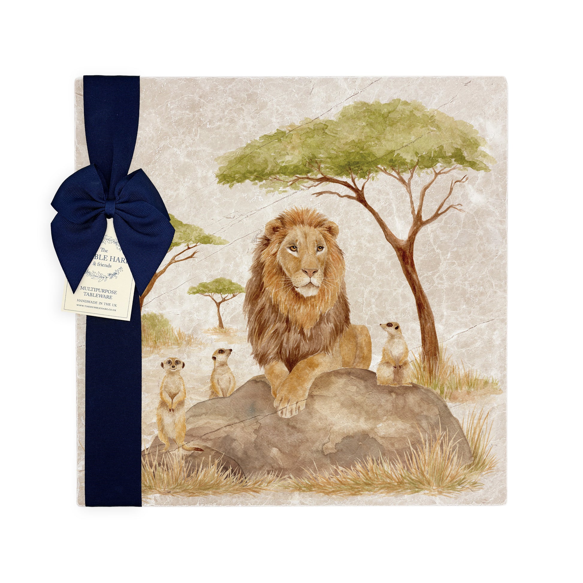 The Savannah Collectors set is perfect for the safari lover, featuring beautiful watercolour designs on our much loved marble platters and coasters. You can find a Lion and Meerkats on this Large Platter 