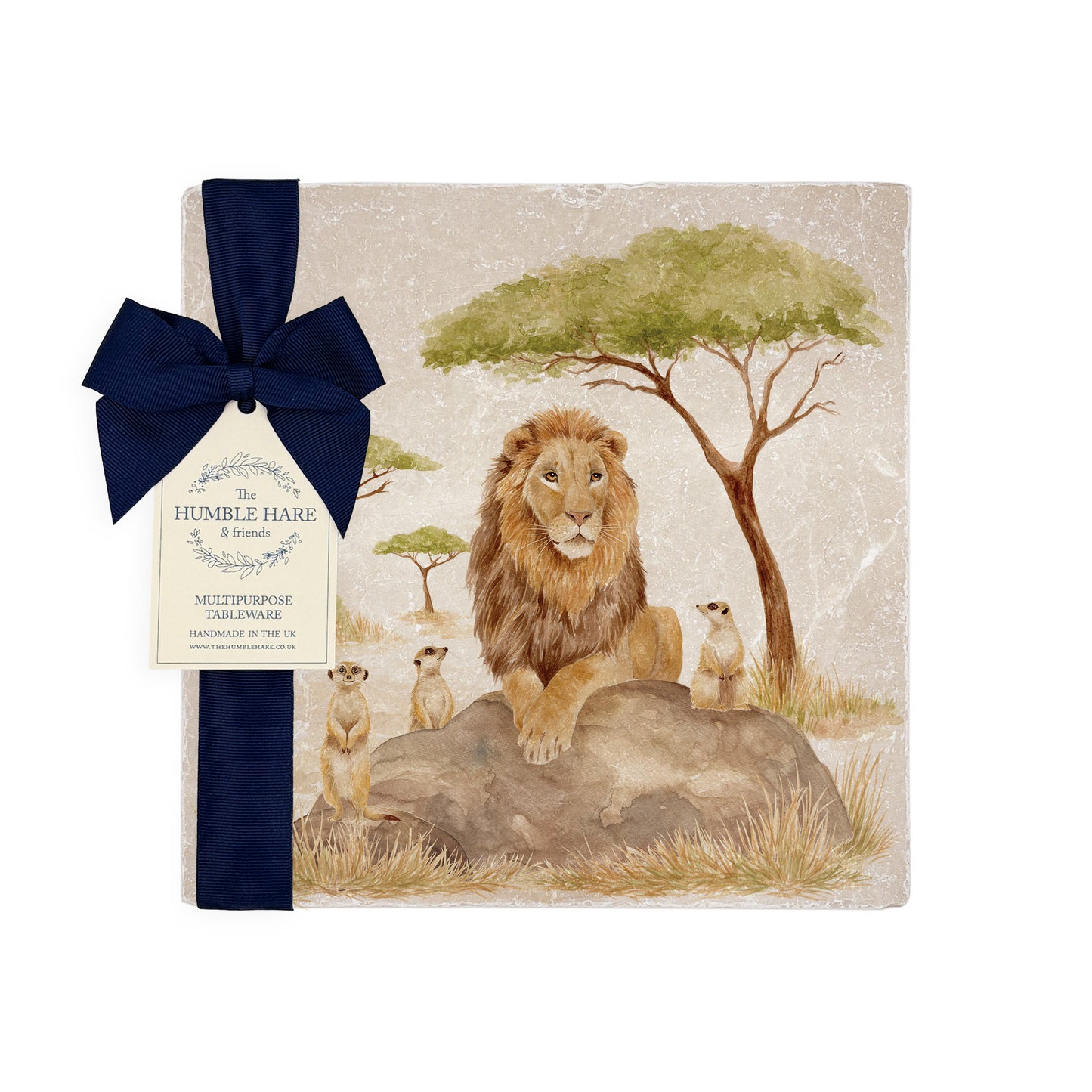 The Savannah Collectors set is perfect for the safari lover, featuring beautiful watercolour designs on our much loved marble platters and coasters. You can find a Lion and Meerkats on this medium platter
