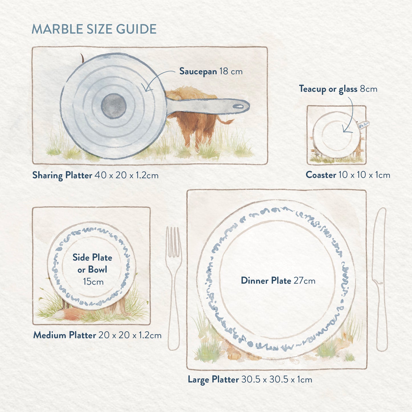A marble size guide infographic showing illustrated tableware and measurements on a textured off-white background. It includes relative sizes for a marble coaster, a large platter, a medium platter and a marble sharing platter, with plates, saucepans and cups placed on them.