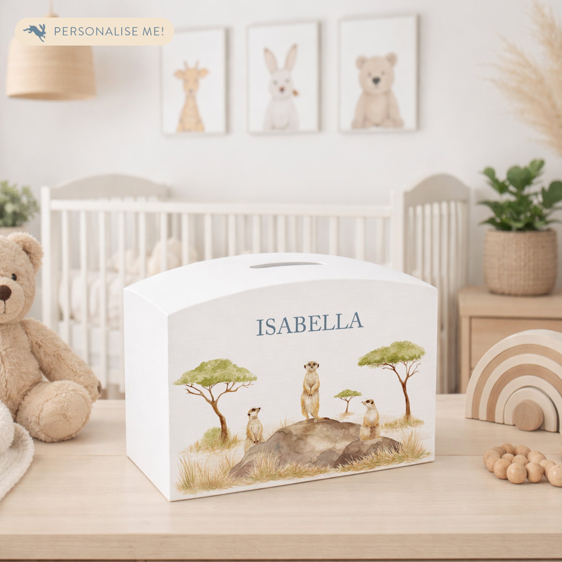 Meerkat Personalised money box, christening, birthday, new baby gift