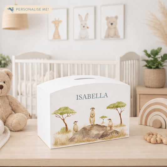 Meerkat Personalised money box, christening, birthday, new baby gift