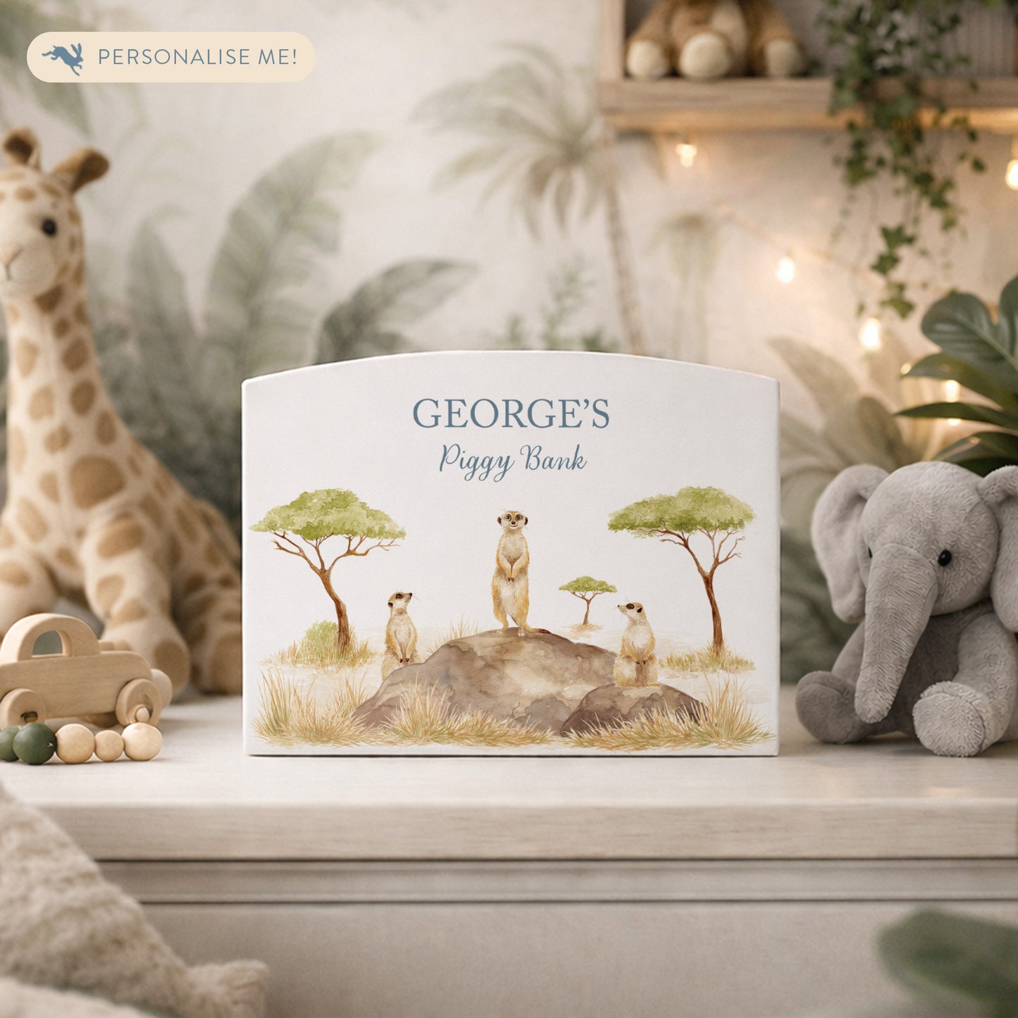 Meerkat Personalised money box, christening, birthday, new baby gift