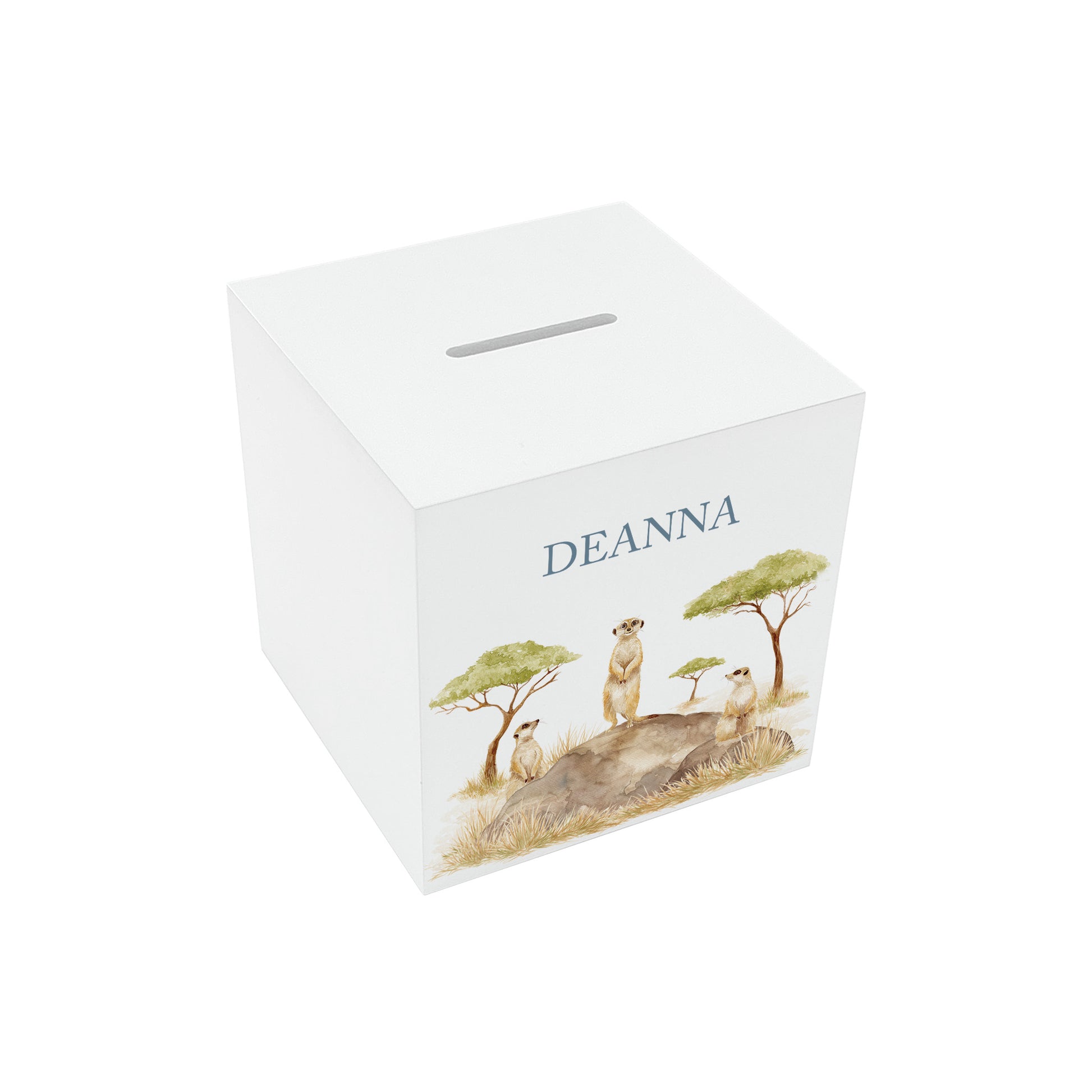 handmade wooden nursery money box with soft watercolour illustration, fun meerkat design 