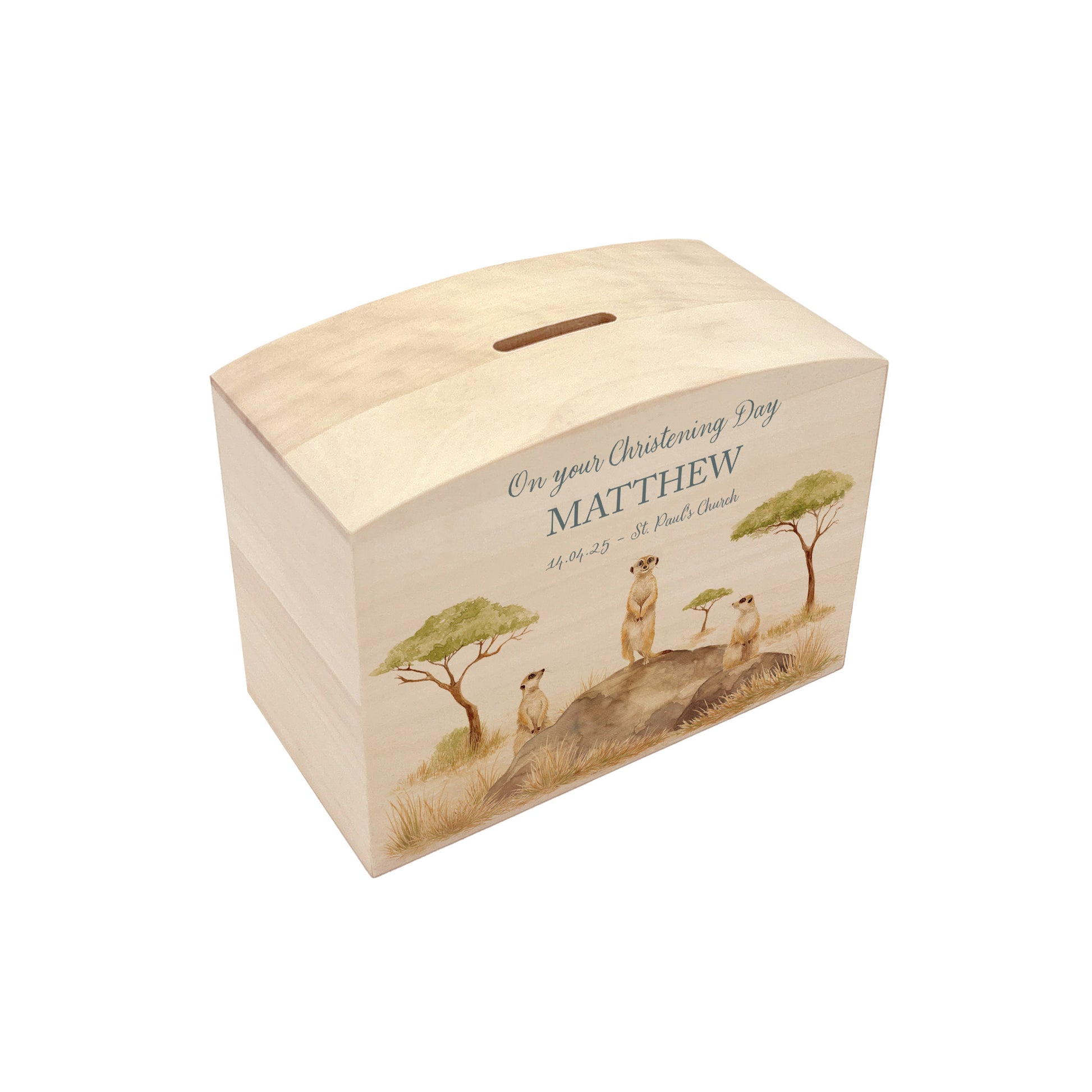 baby animal personalised money box on nursery sideboard