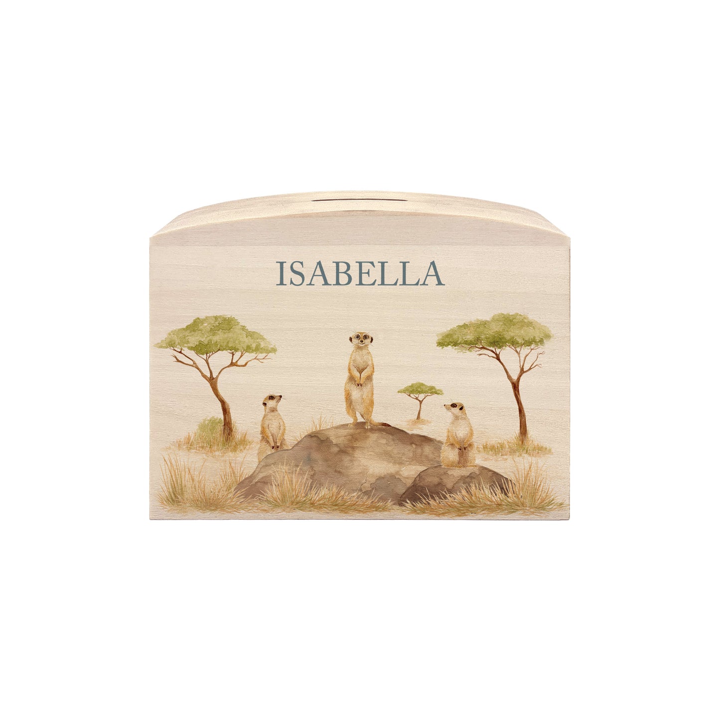 baby animal personalised money box on nursery sideboard