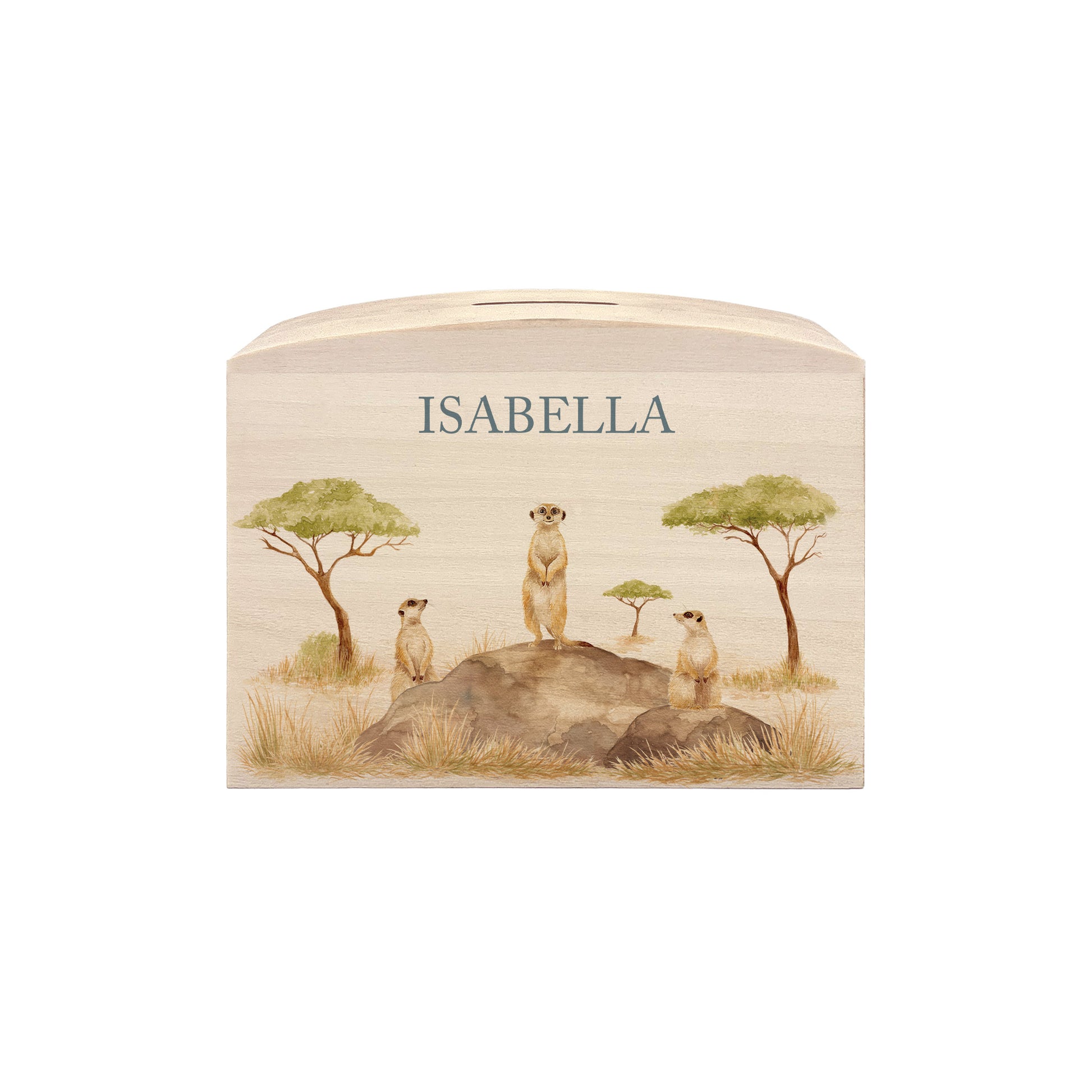 baby animal personalised money box on nursery sideboard