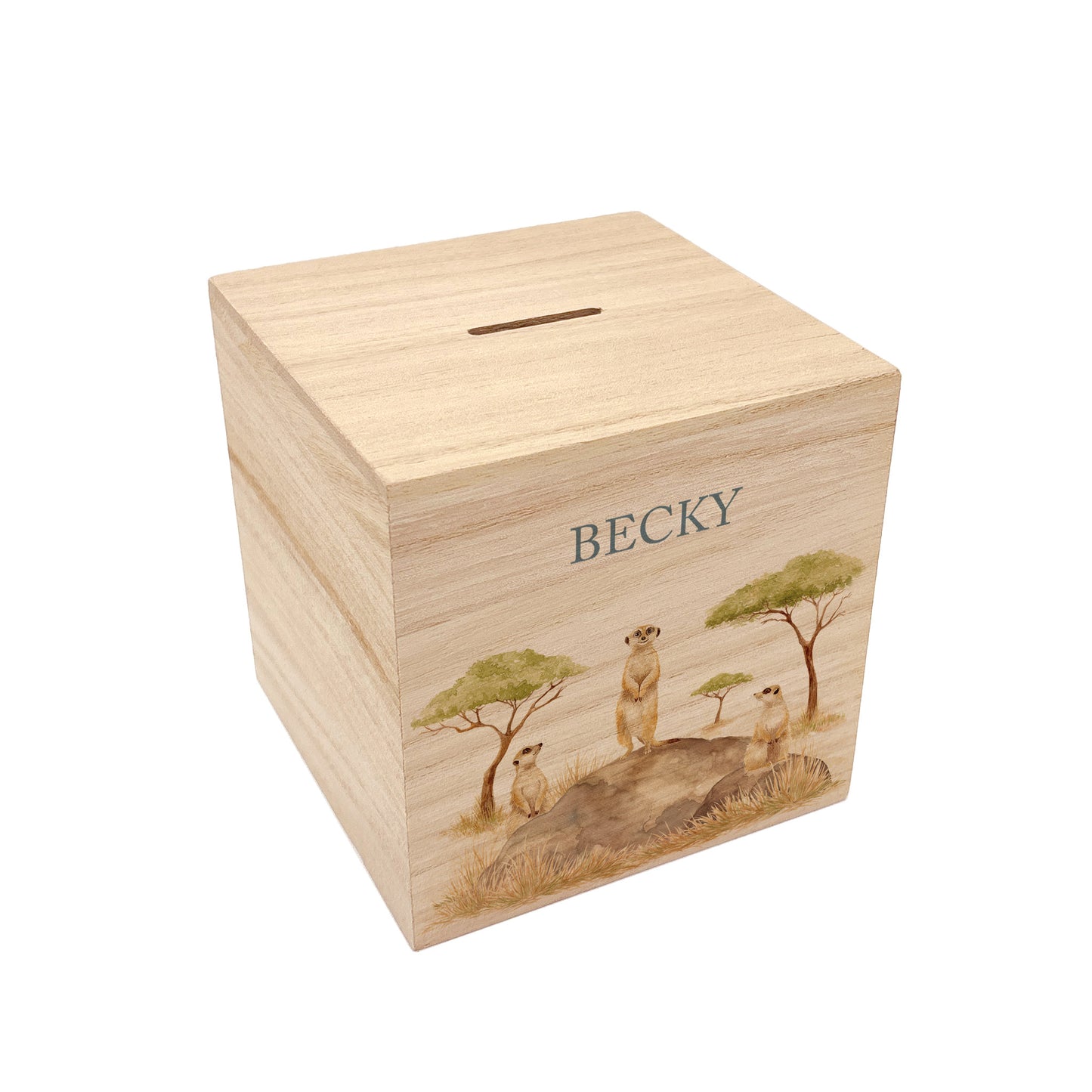 personalised handmade money box styled in nursery or childrens bedroom, This design features three happy meerkats sat on a rock. 