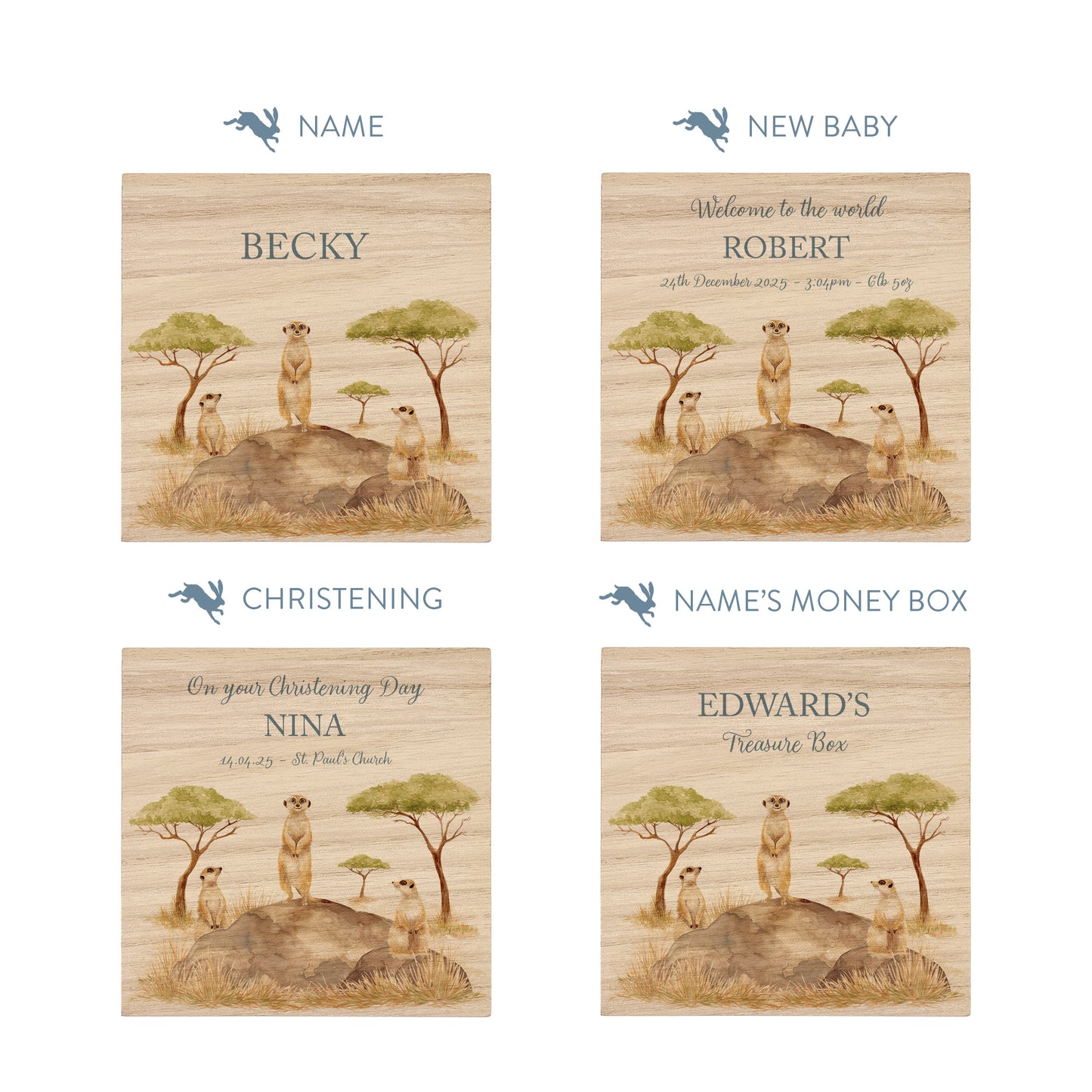 personalised handmade money box styled in nursery or childrens bedroom, This design features three happy meerkats sat on a rock. 