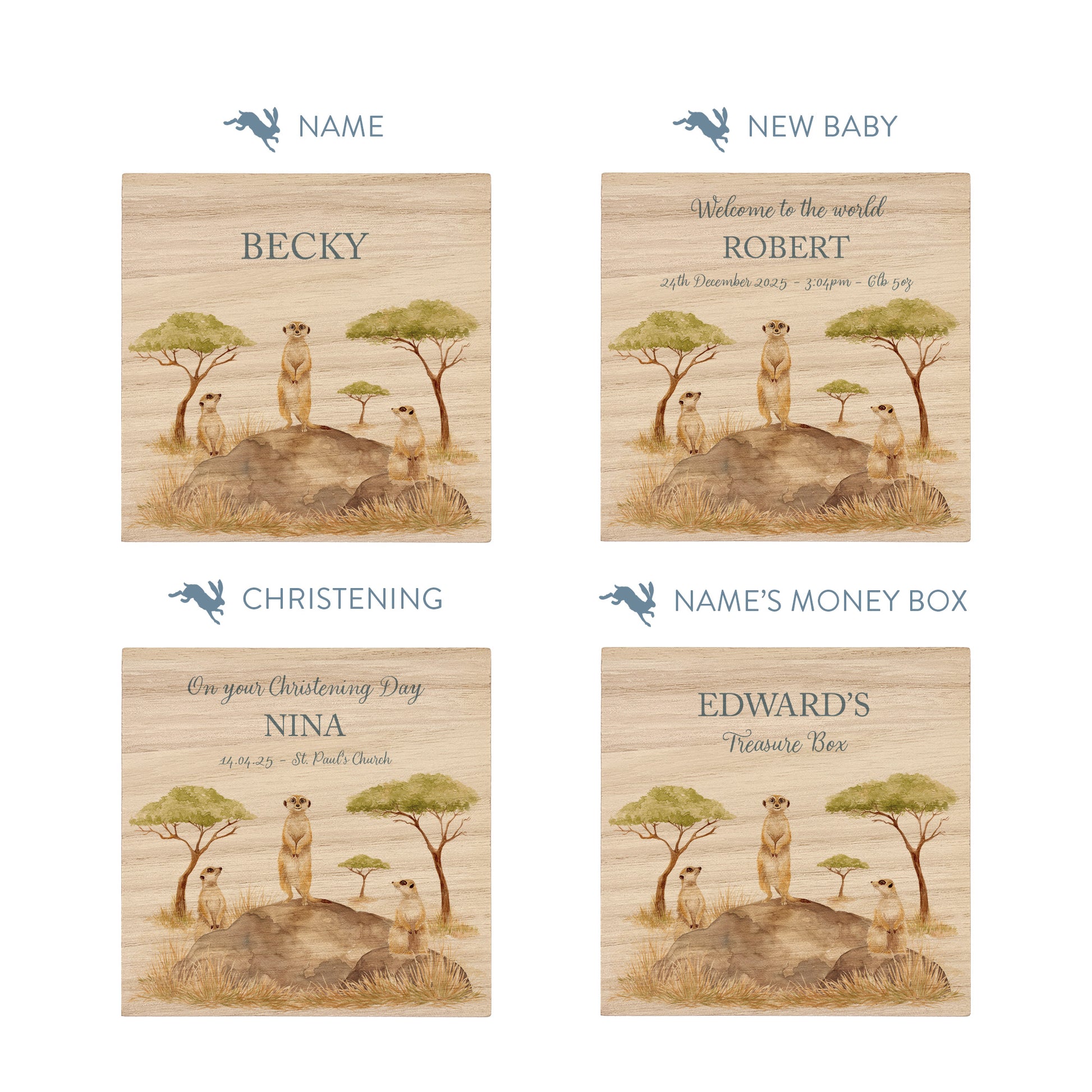 personalised handmade money box styled in nursery or childrens bedroom, This design features three happy meerkats sat on a rock. 