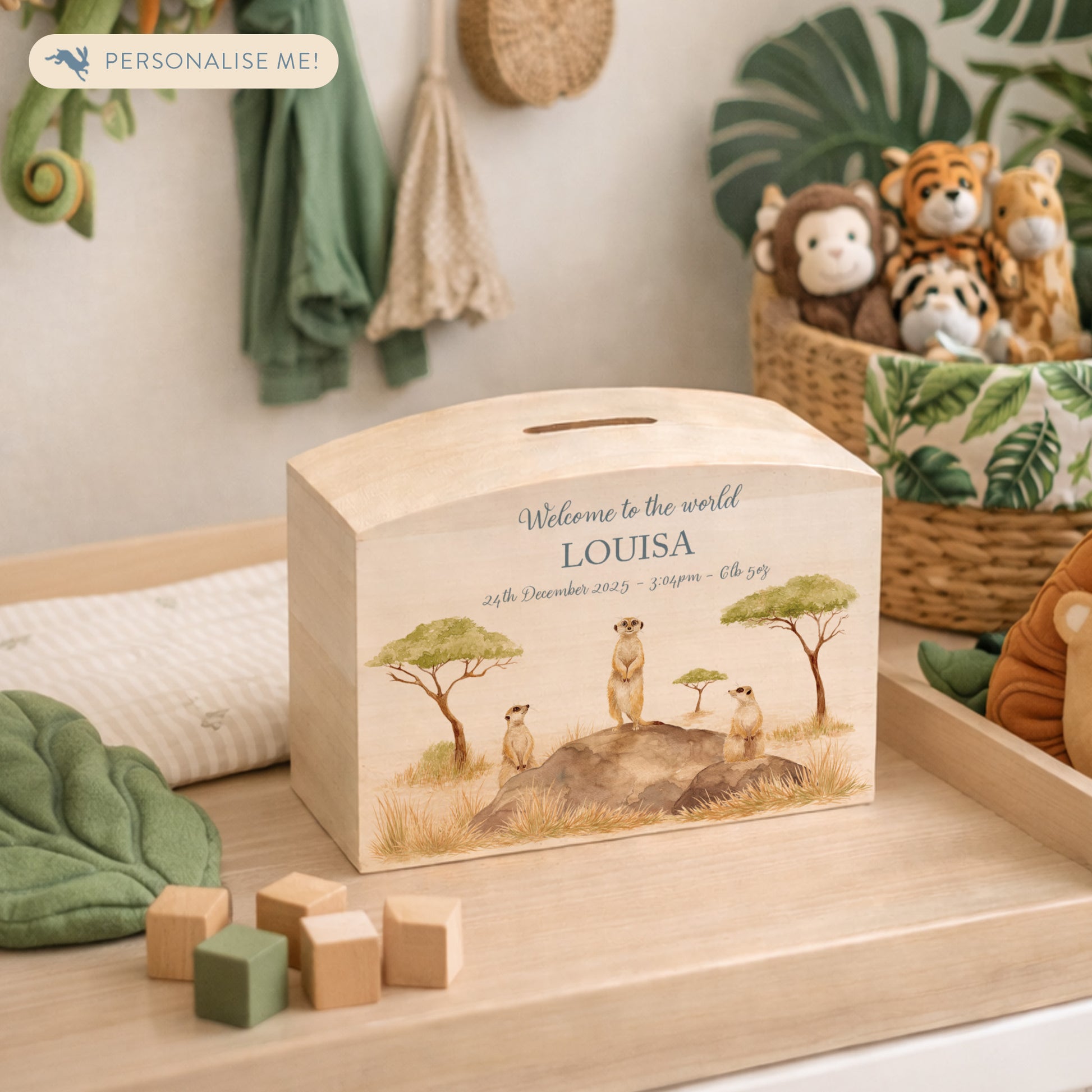 baby animal personalised money box on nursery sideboard