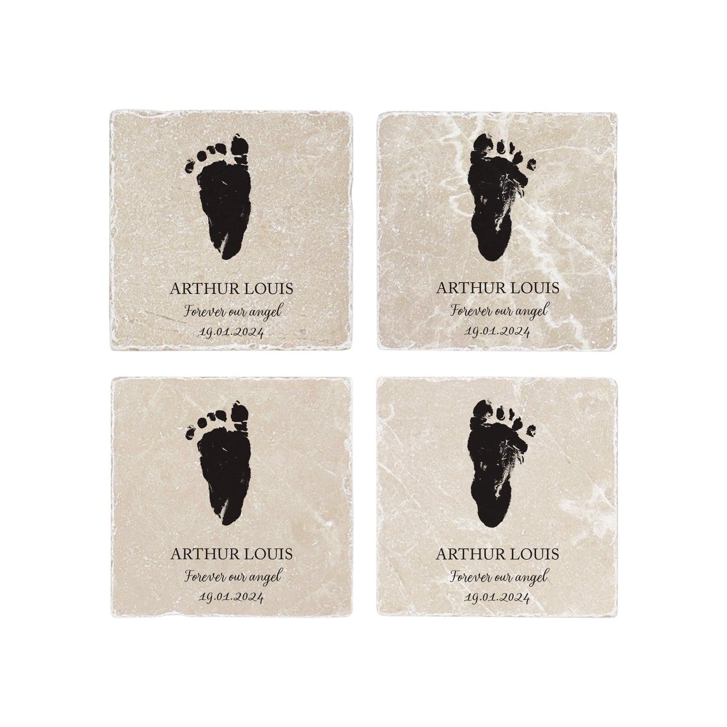 A square marble coaster featuring a watercolour personalised design of your baby, child's or loved ones hand or footprint. Coping with baby loss- perfect memorial for some who has died. 