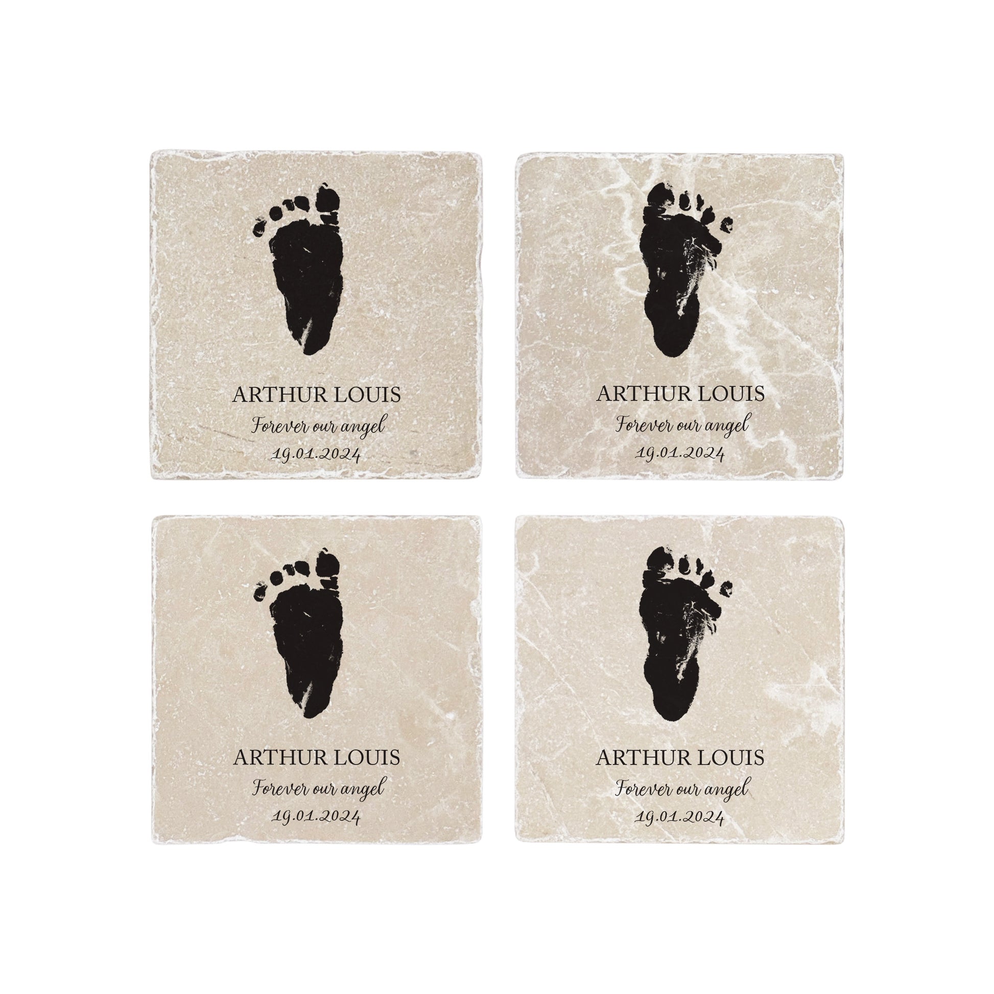A square marble coaster featuring a watercolour personalised design of your baby, child's or loved ones hand or footprint. Coping with baby loss- perfect memorial for some who has died. 