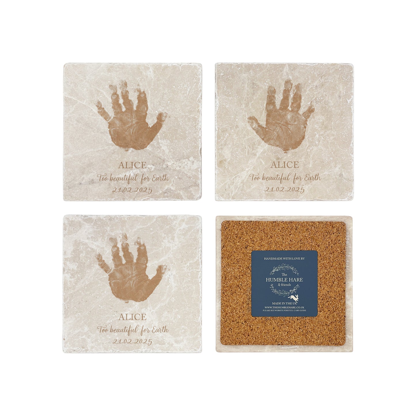 A square marble coaster featuring a watercolour personalised design of your baby, child's or loved ones hand or footprint. Coping with baby loss- perfect memorial for some who has died. 