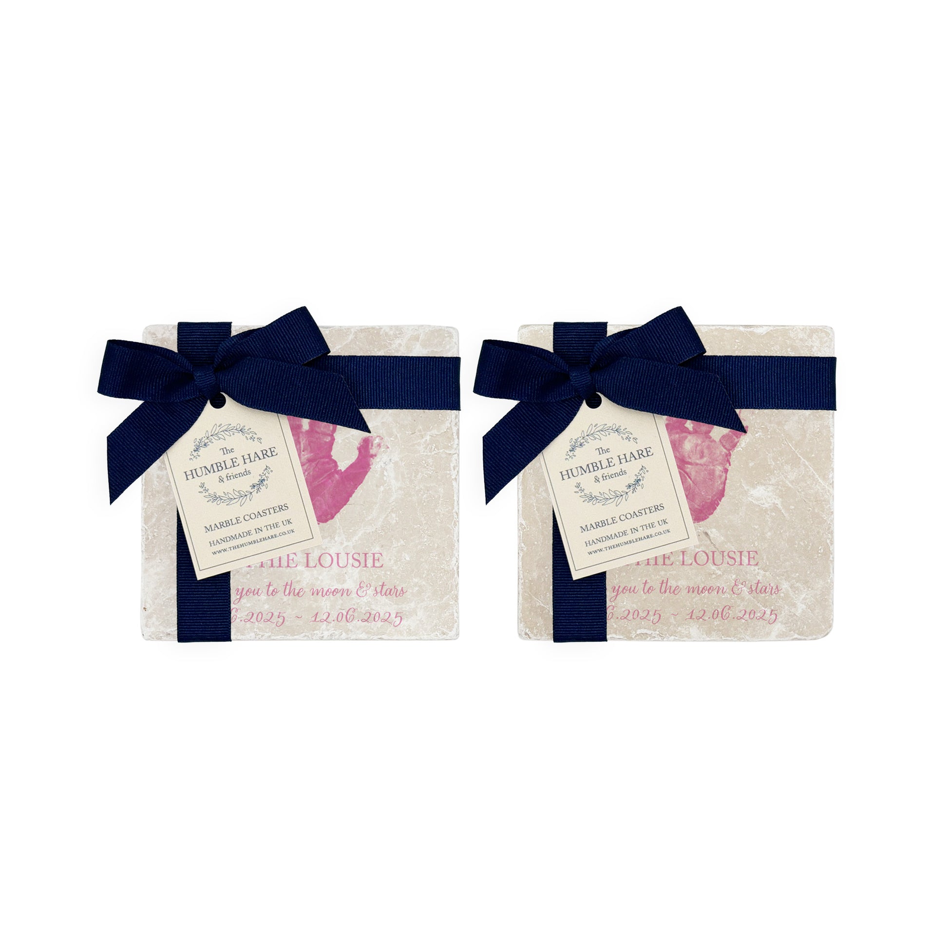 A square marble coaster featuring a watercolour personalised design of your baby, child's or loved ones hand or footprint. Coping with baby loss- perfect memorial for some who has died. 