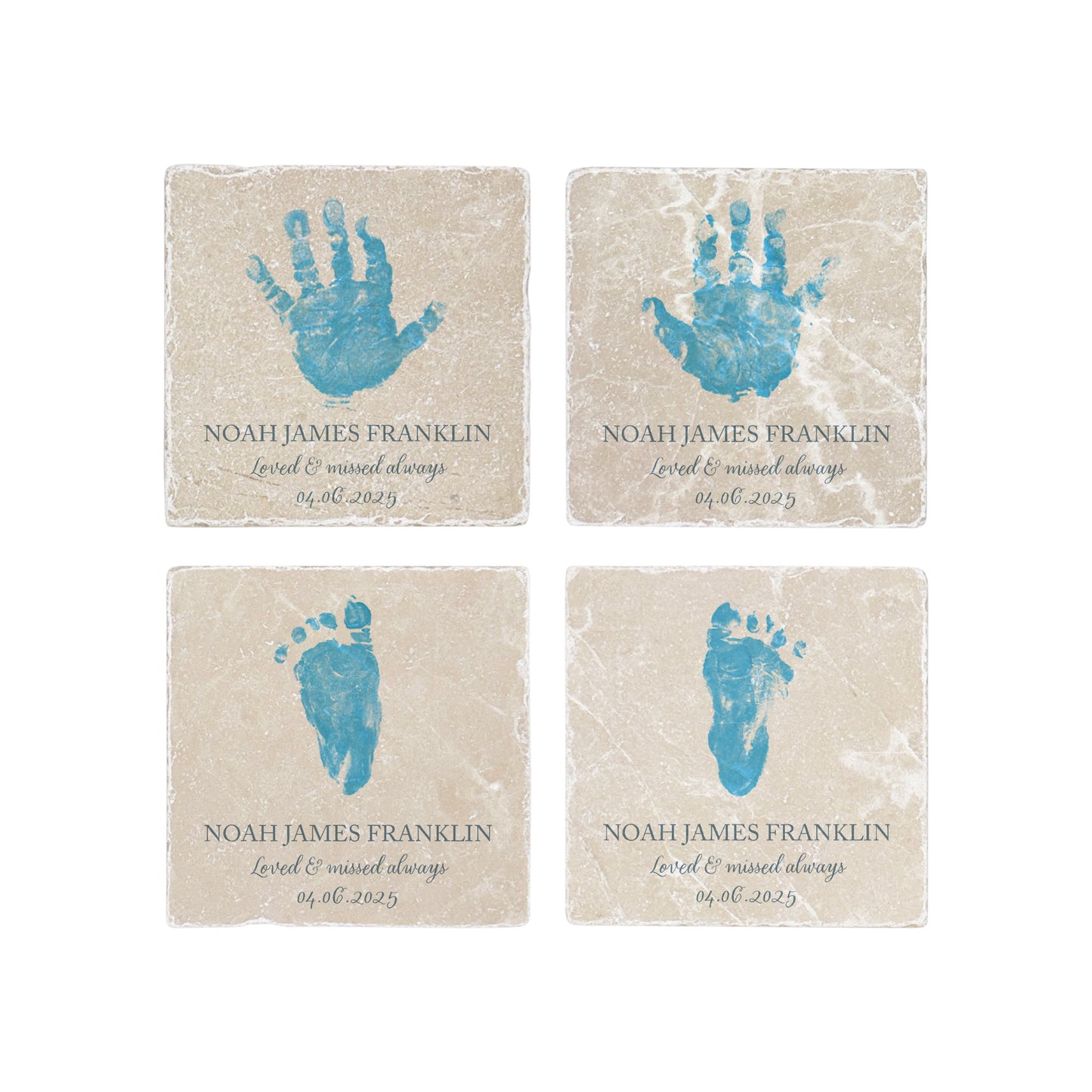 A square marble coaster featuring a watercolour personalised design of your baby, child's or loved ones hand or footprint. Coping with baby loss- perfect memorial for some who has died. 