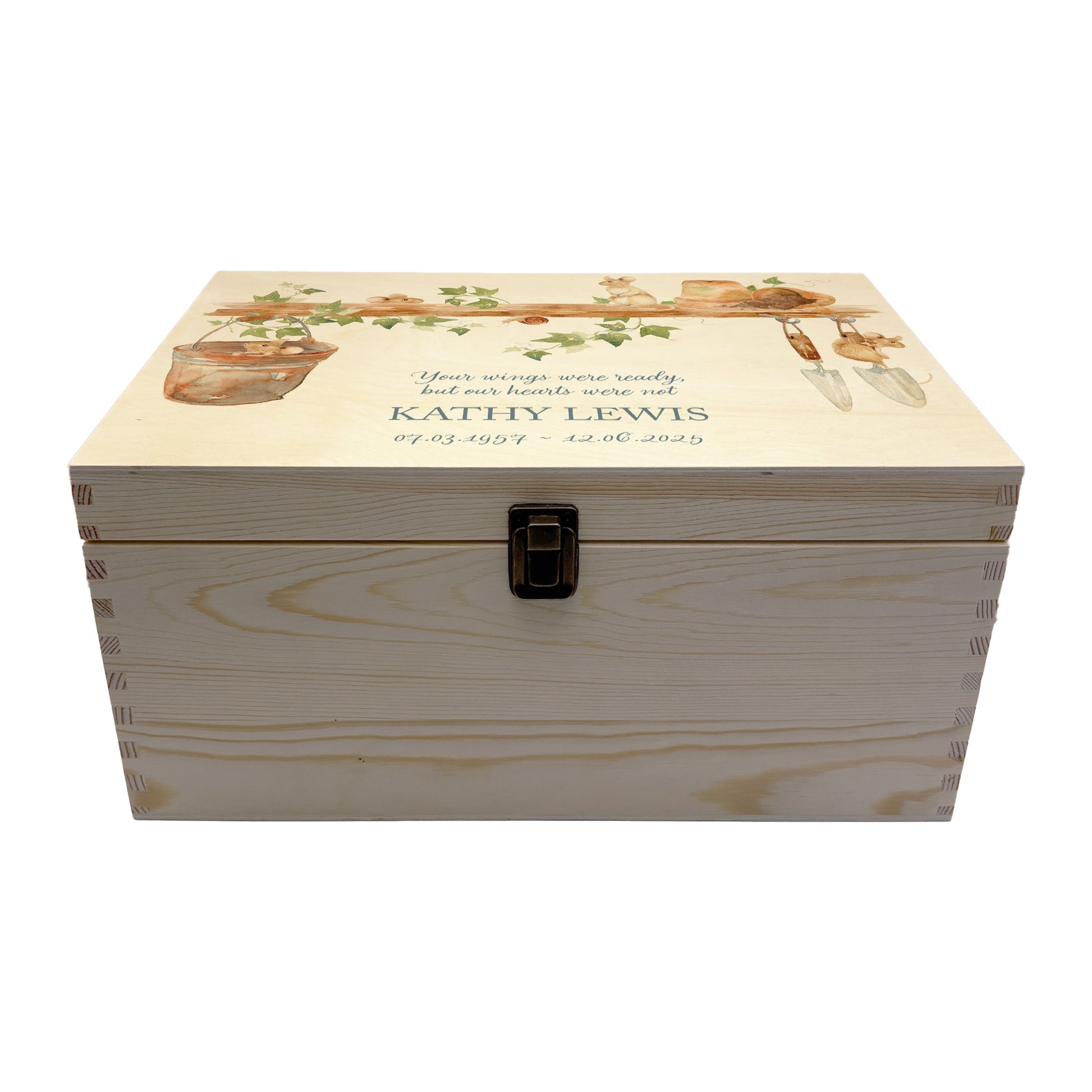 Wooden box with a decorative lid featuring animal illustrations on a wooden background. Perfect funeral memory keepsake box, for storing ashes, order of service, flowers, pictures. 
