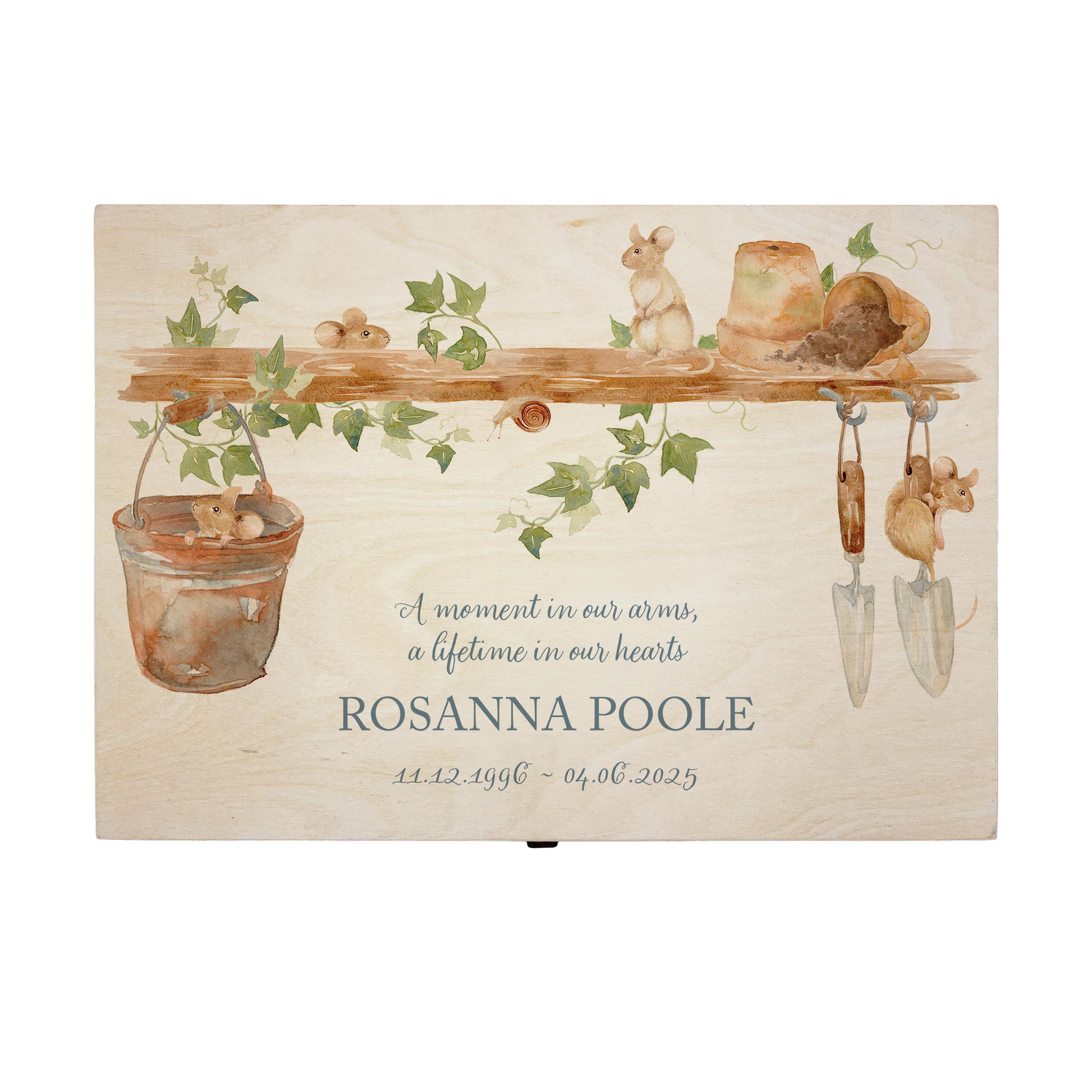 Wooden box with a decorative lid featuring animal illustrations on a wooden background. Perfect funeral memory keepsake box, for storing ashes, order of service, flowers, pictures. 
