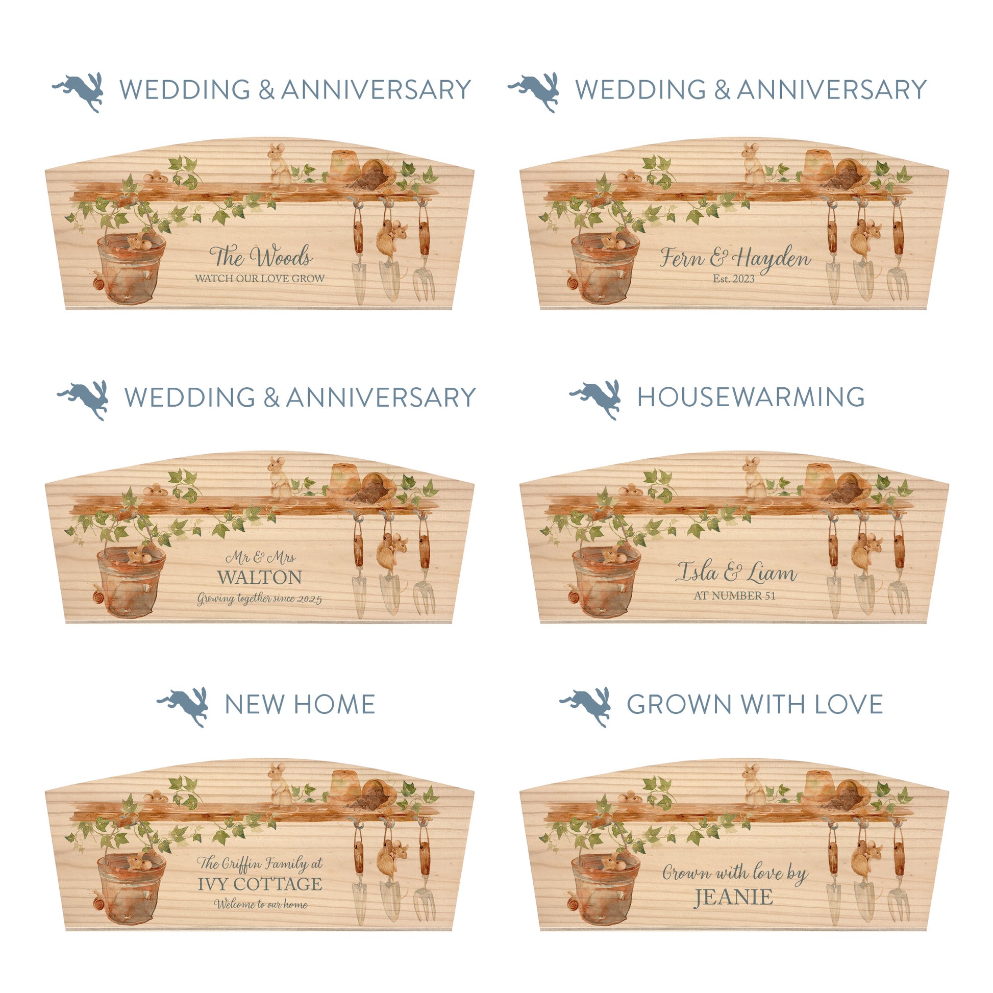 Personalised phrase options for an arched wooden planter box with a watercolour design of mice in the potting shed. Choose your phrase to suit any occasion including birthday, wedding, anniversary, engagement, and new home.