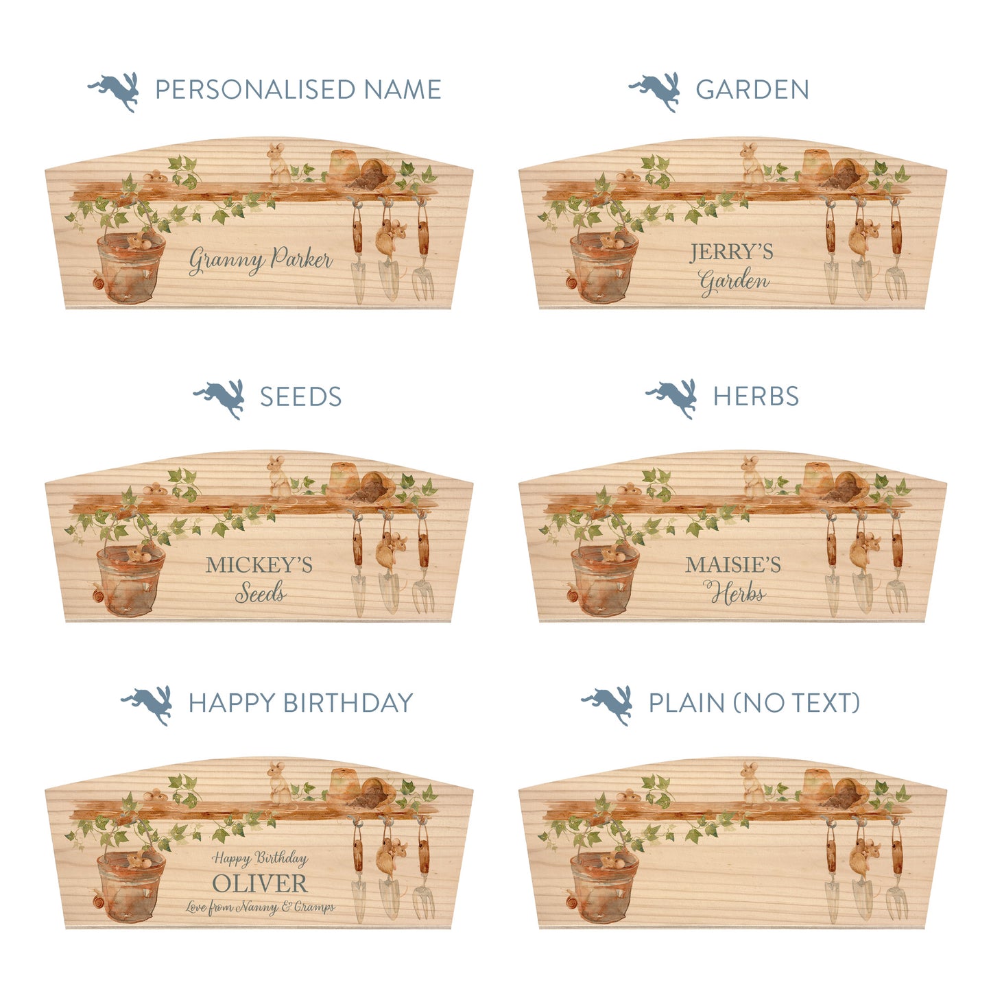 Personalised phrase options for an arched wooden planter box with a watercolour design of mice in the potting shed. Choose your phrase to suit any occasion including birthday, wedding, new home, and a selection of gardening phrases.