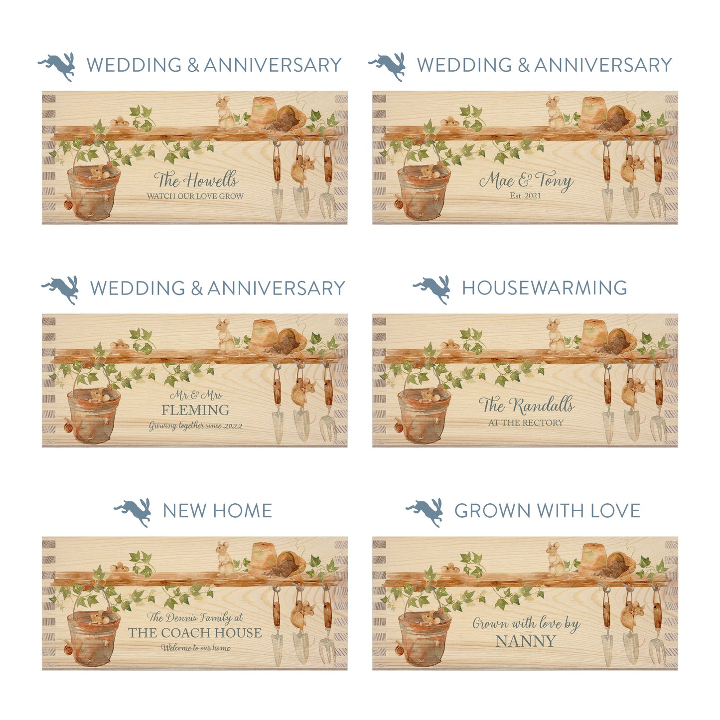 Personalised phrase options for a rectangle wooden planter box with a watercolour design of mice up to mischief in the potting shed. Choose your phrase to suit any occasion including birthday, wedding, anniversary, engagement, and new home.