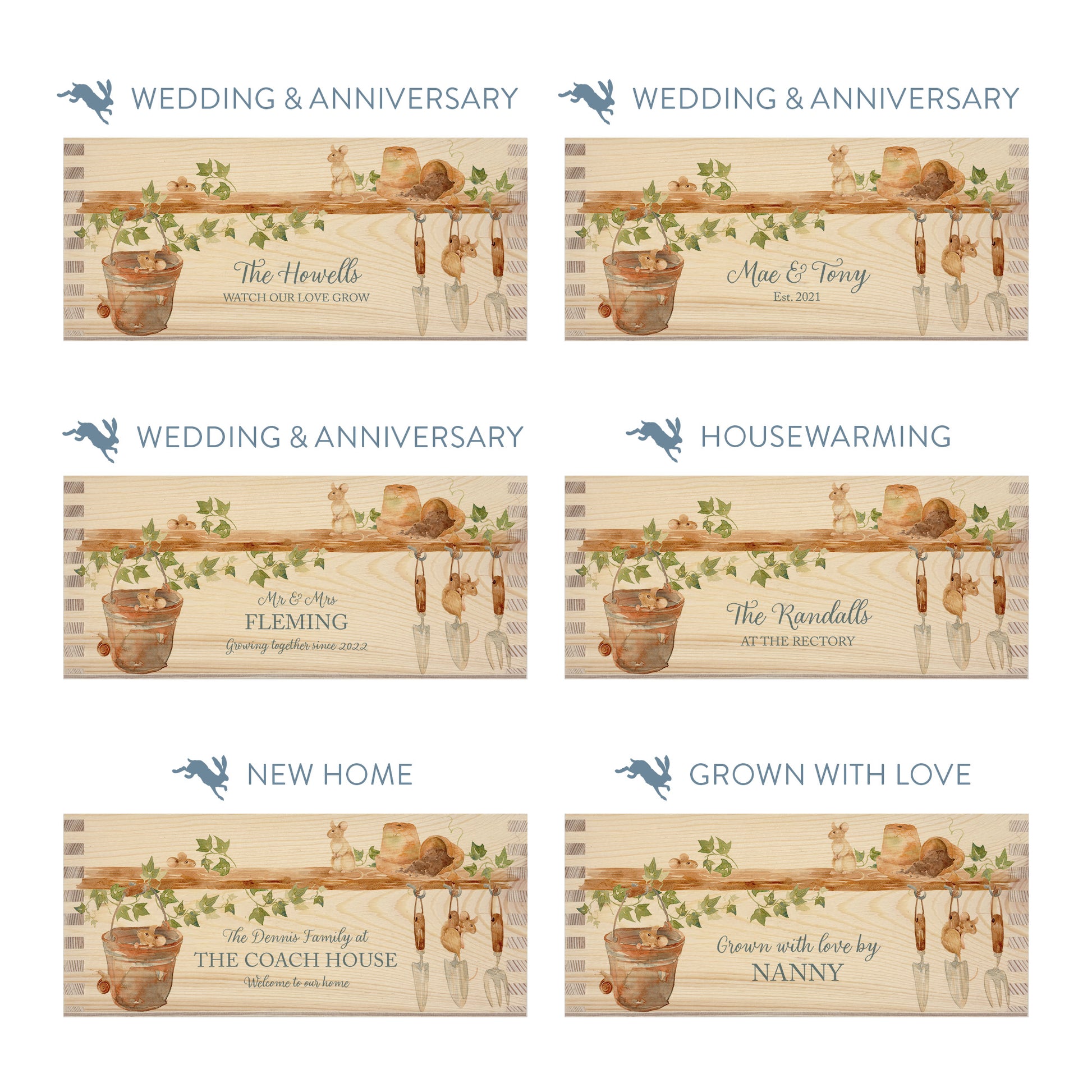 Personalised phrase options for a rectangle wooden planter box with a watercolour design of mice up to mischief in the potting shed. Choose your phrase to suit any occasion including birthday, wedding, anniversary, engagement, and new home.