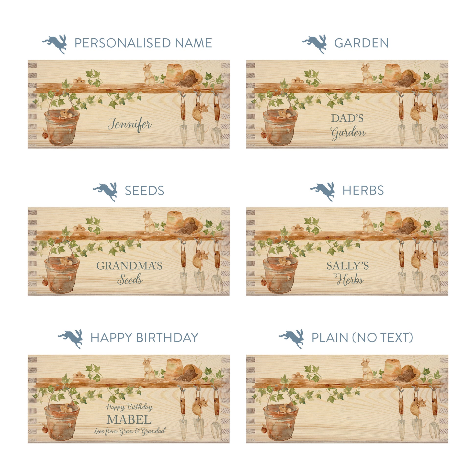 Personalised phrase options for a rectangle wooden planter box with a watercolour design of mice up to mischief in the potting shed. Choose your phrase to suit any occasion including birthday, wedding, new home, and a selection of gardening phrases.