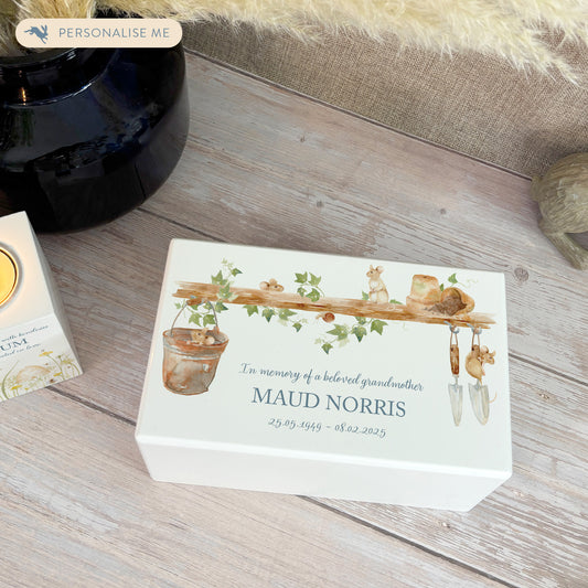 Luxury solid wooden white painted Urn with Mice on a shelf, a watercolour illustration, our urns and Caskets for displaying or burying ashes. Customisable and can be personalised. Perfect funeral memory keepsake urn, for storing ashes for humans and pets. 