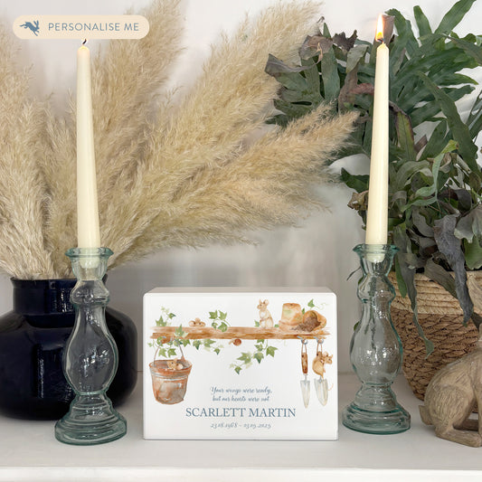 Luxury solid wooden white painted Mice watercolour illustration our urns and Caskets for displaying or burying ashes. Customisable and can be personalised. Perfect funeral memory keepsake urn, for storing ashes for humans and pets.