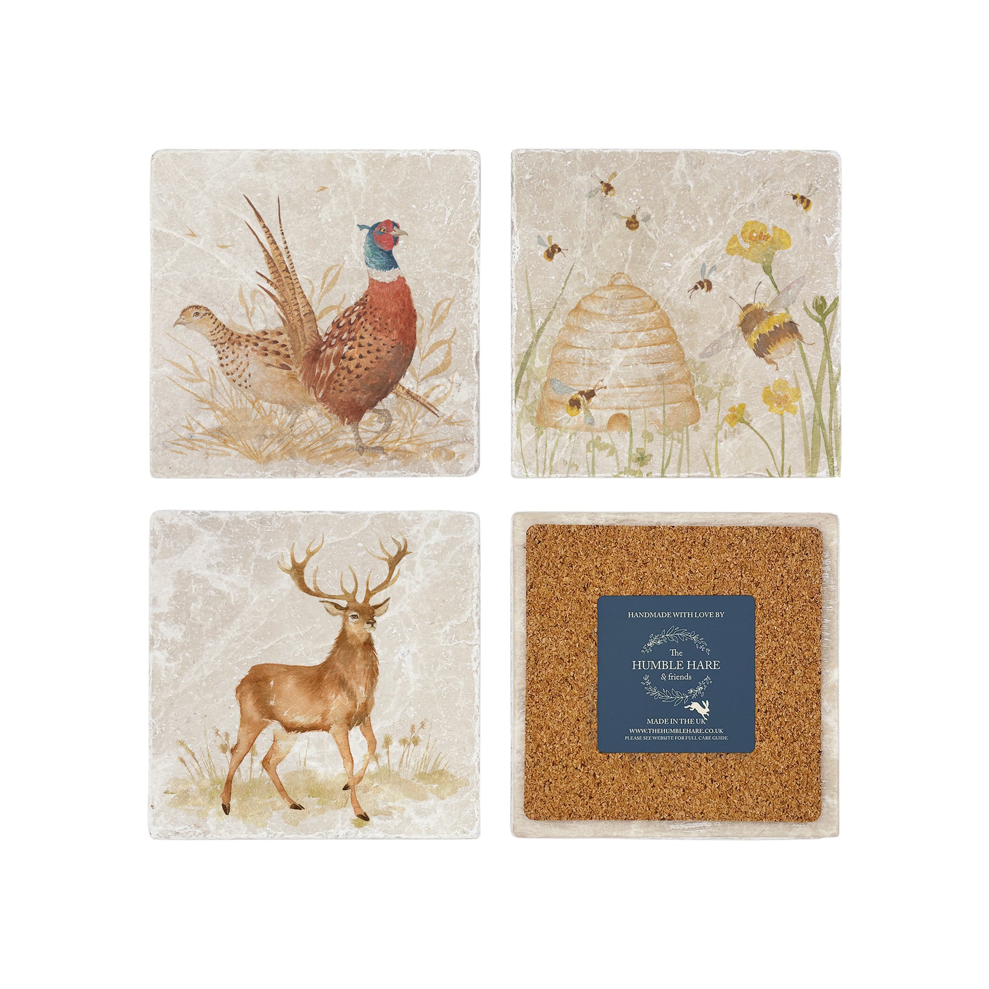 Set of four mix and match marble coasters with British wildlife watercolour designs. One coaster is flipped to show that it has a cork back to protect worksurfaces.
